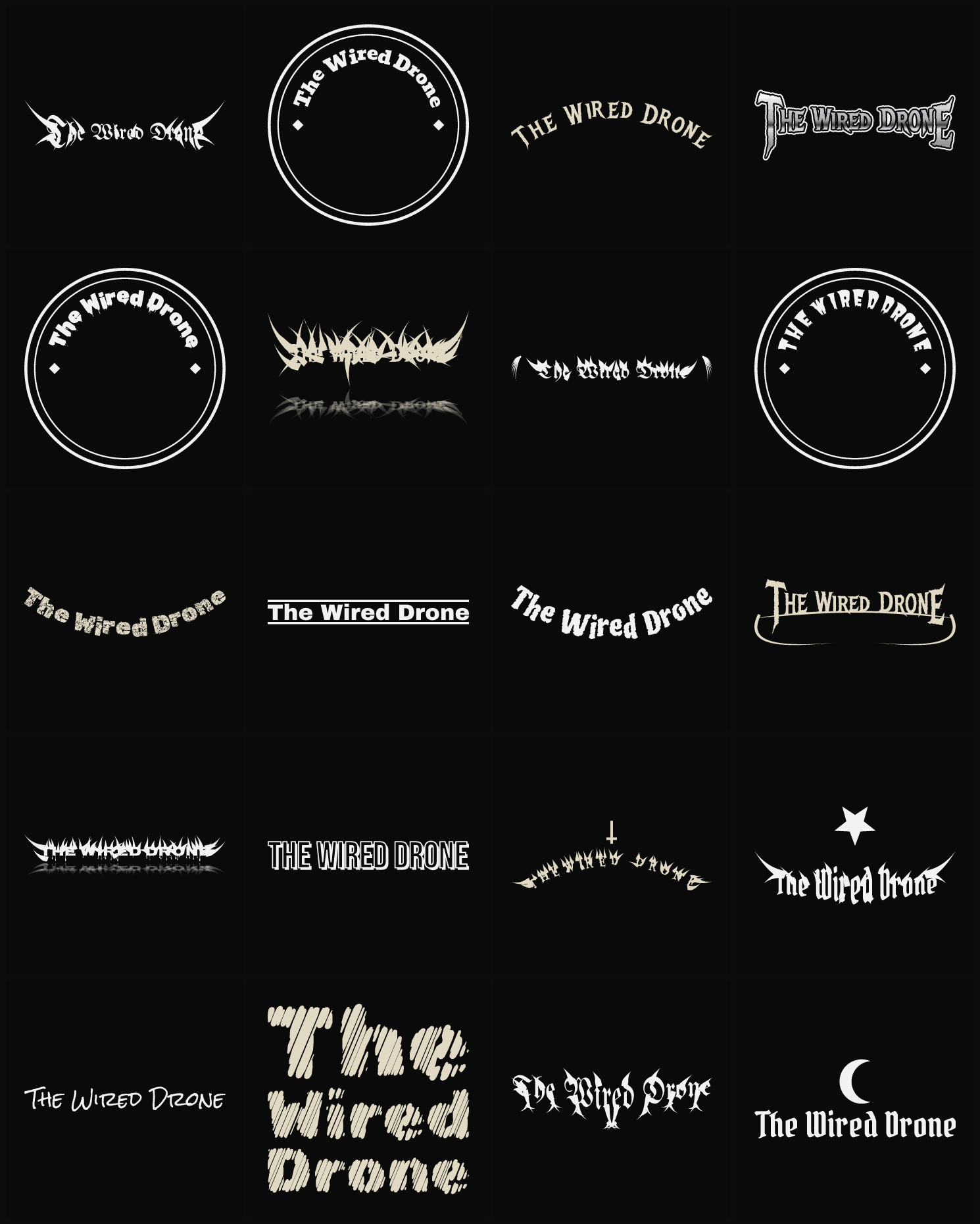 Twenty The Wired Drone band logo ideas — different faces, treatments and spike settings
