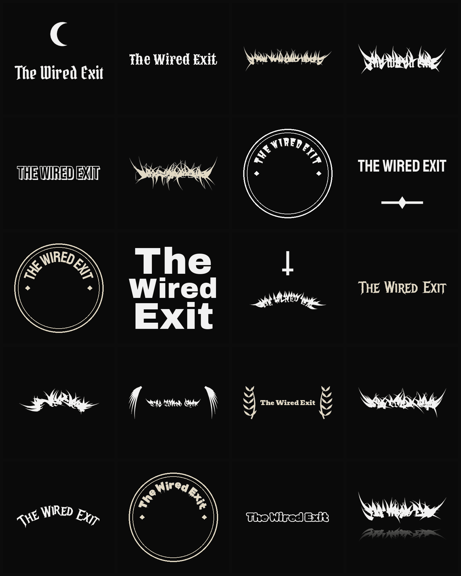 Twenty The Wired Exit band logo ideas — different faces, treatments and spike settings