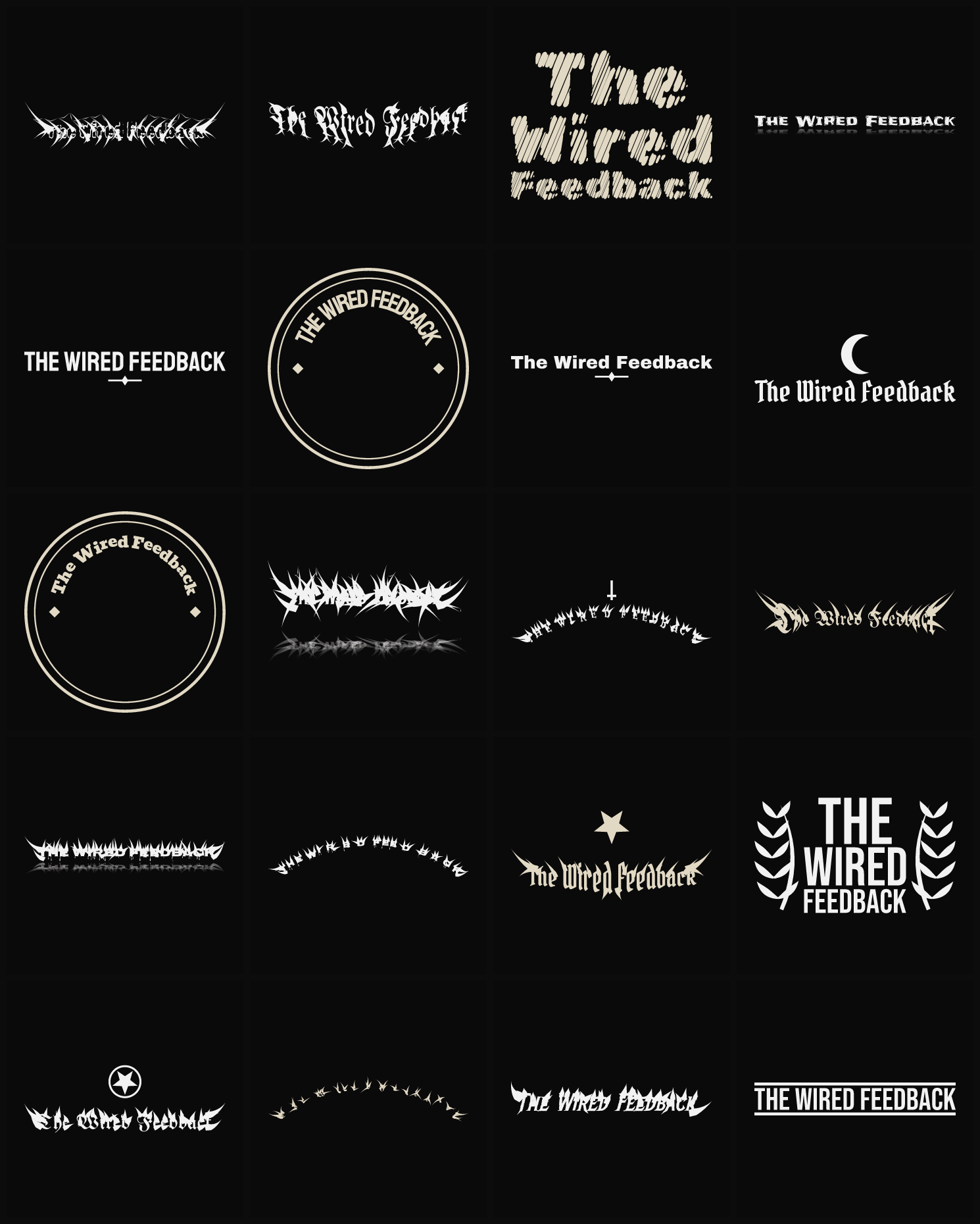 Twenty The Wired Feedback band logo ideas — different faces, treatments and spike settings