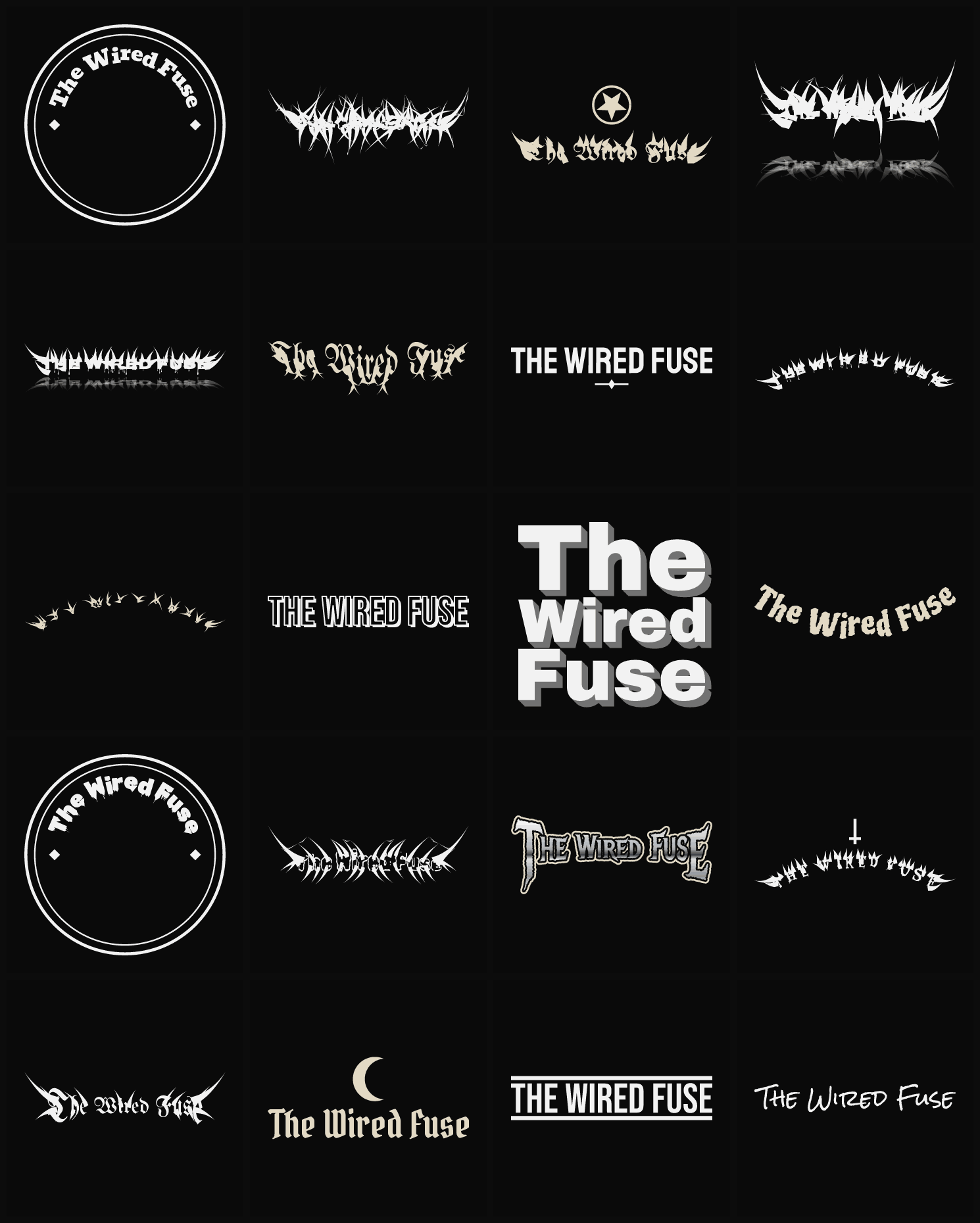 Twenty The Wired Fuse band logo ideas — different faces, treatments and spike settings