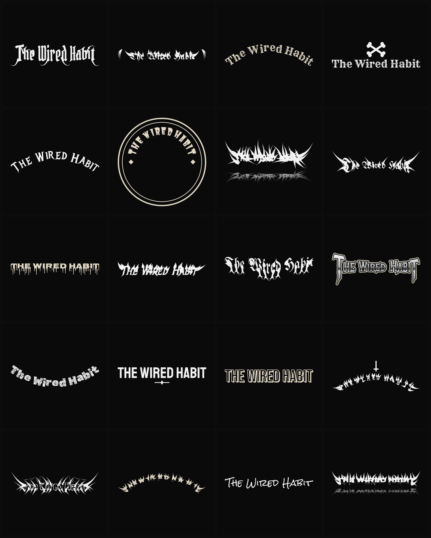 Twenty The Wired Habit band logo ideas — different faces, treatments and spike settings