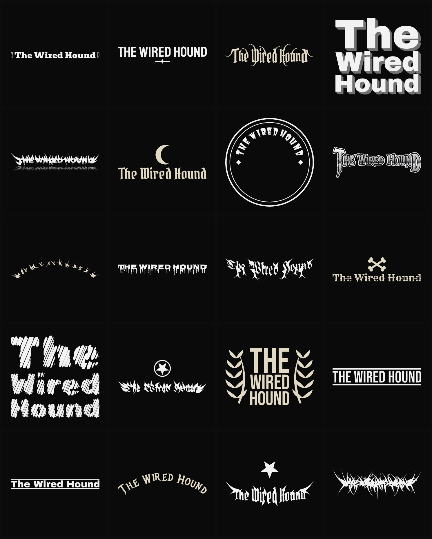 Twenty The Wired Hound band logo ideas — different faces, treatments and spike settings