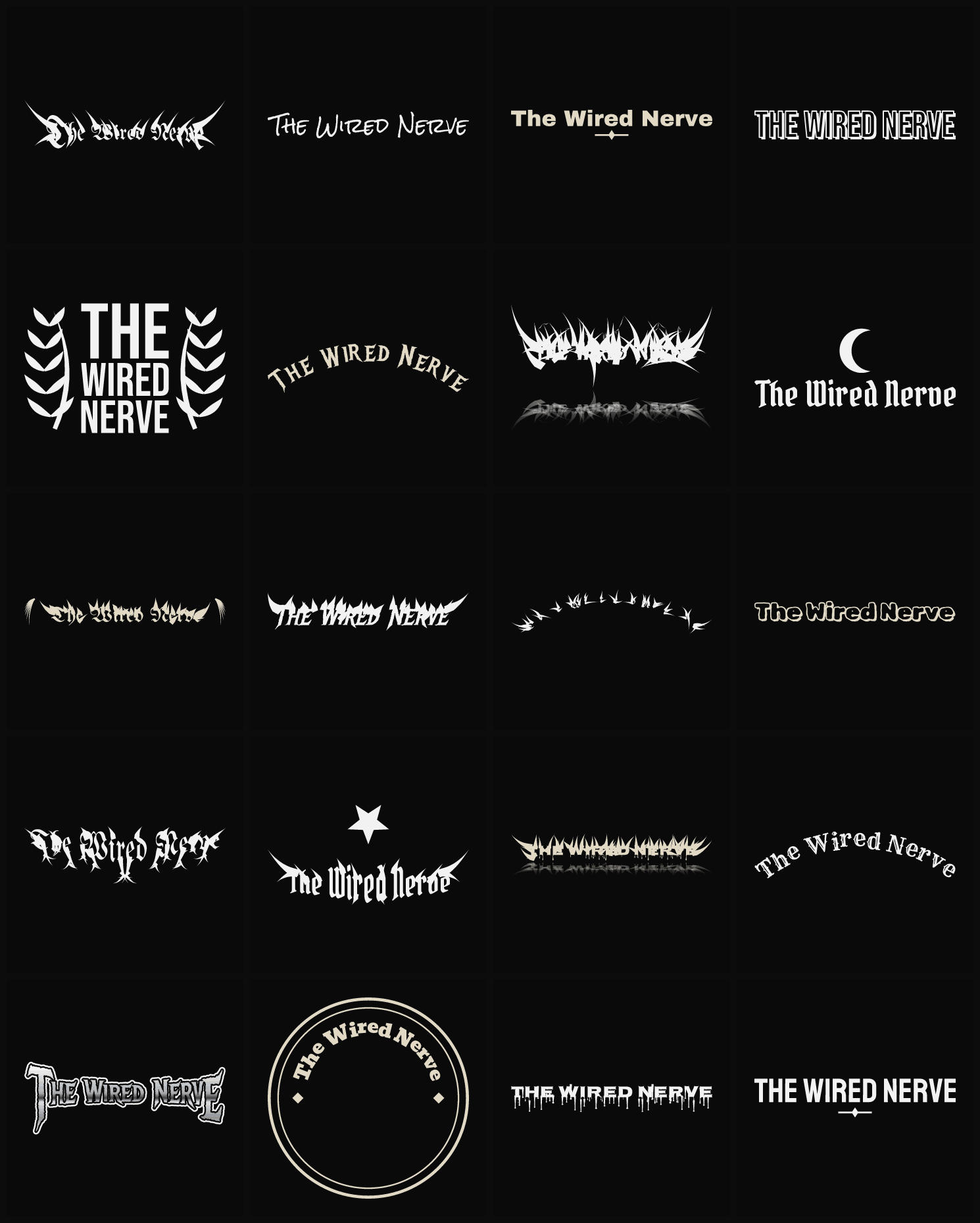 Twenty The Wired Nerve band logo ideas — different faces, treatments and spike settings