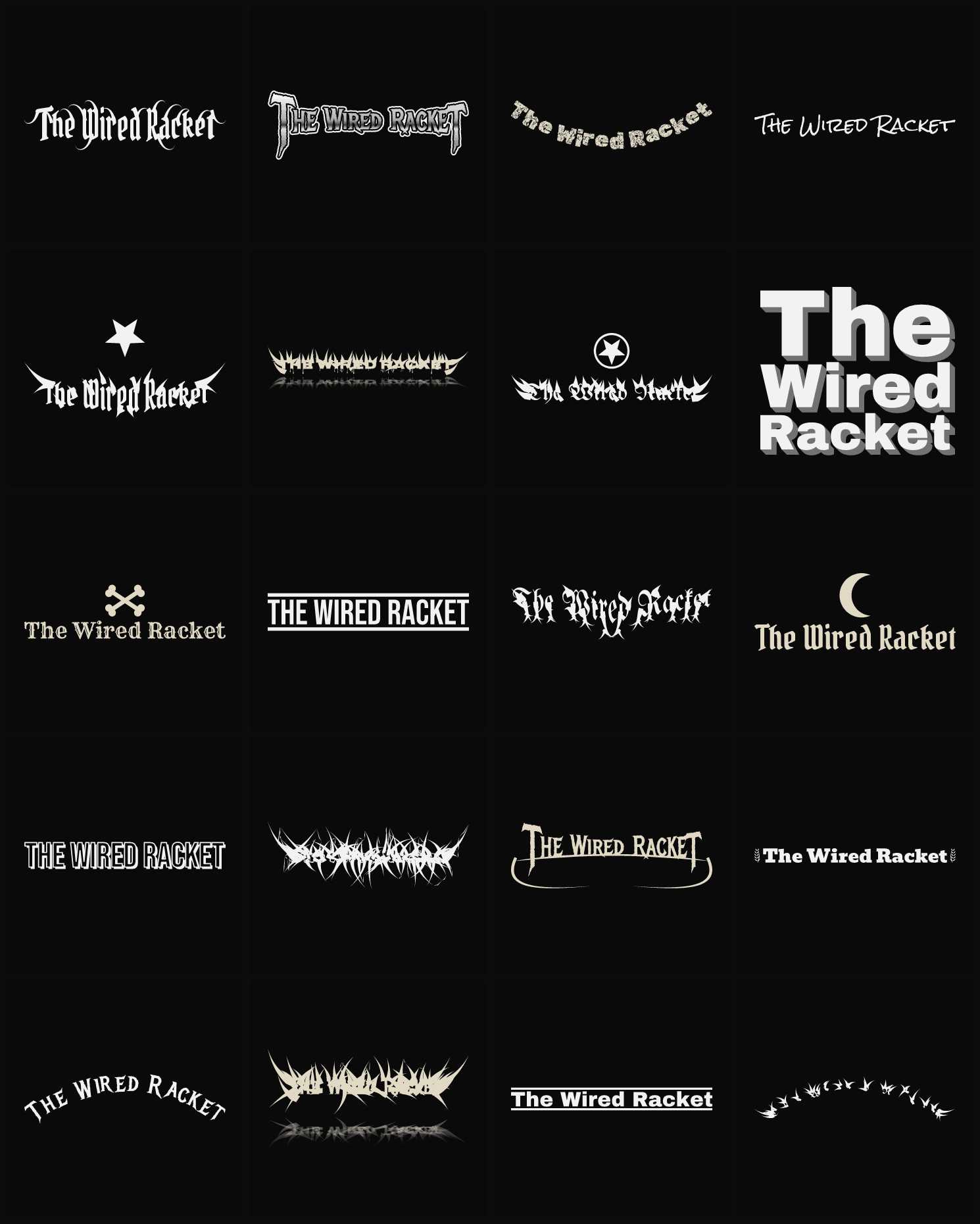 Twenty The Wired Racket band logo ideas — different faces, treatments and spike settings