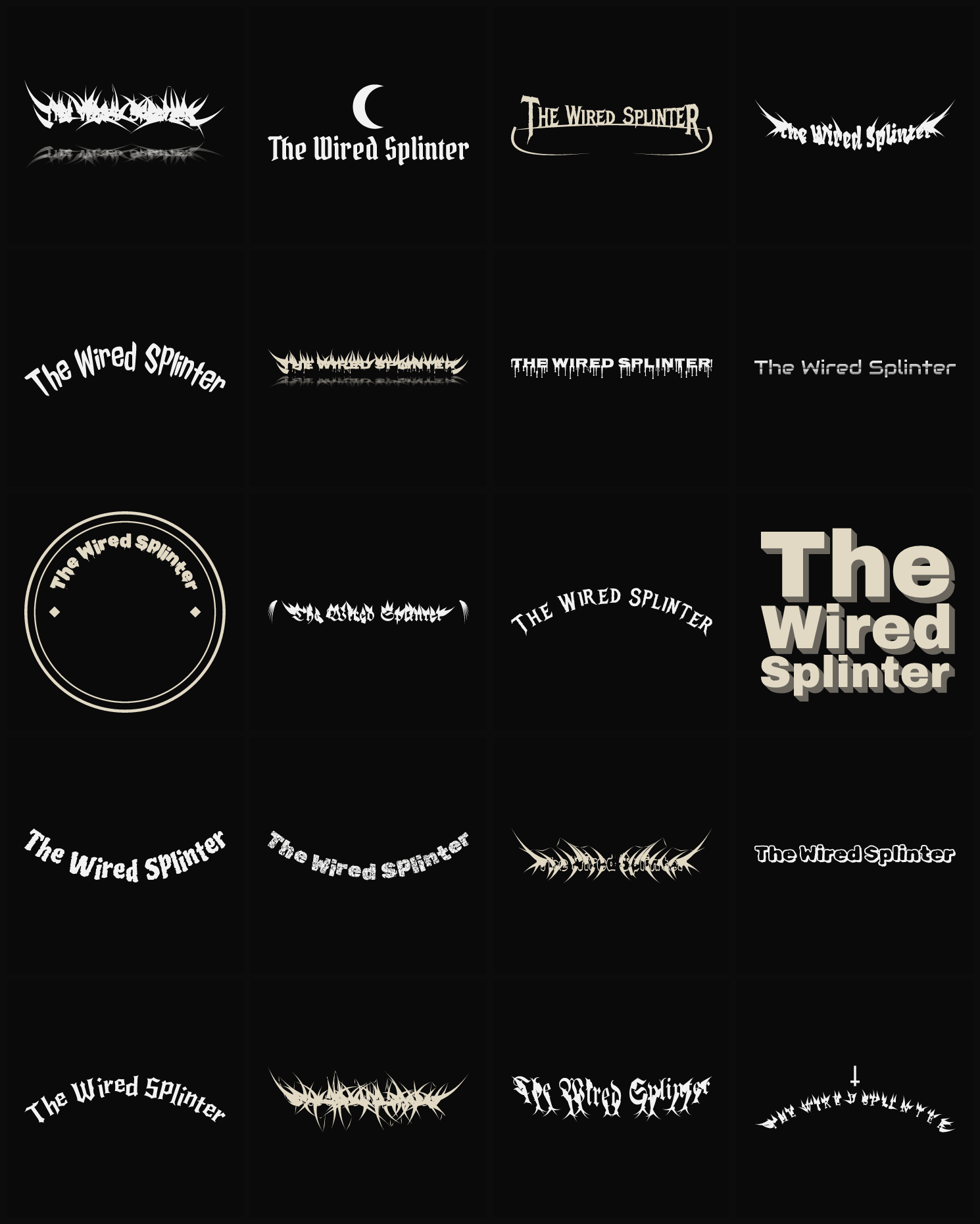 Twenty The Wired Splinter band logo ideas — different faces, treatments and spike settings