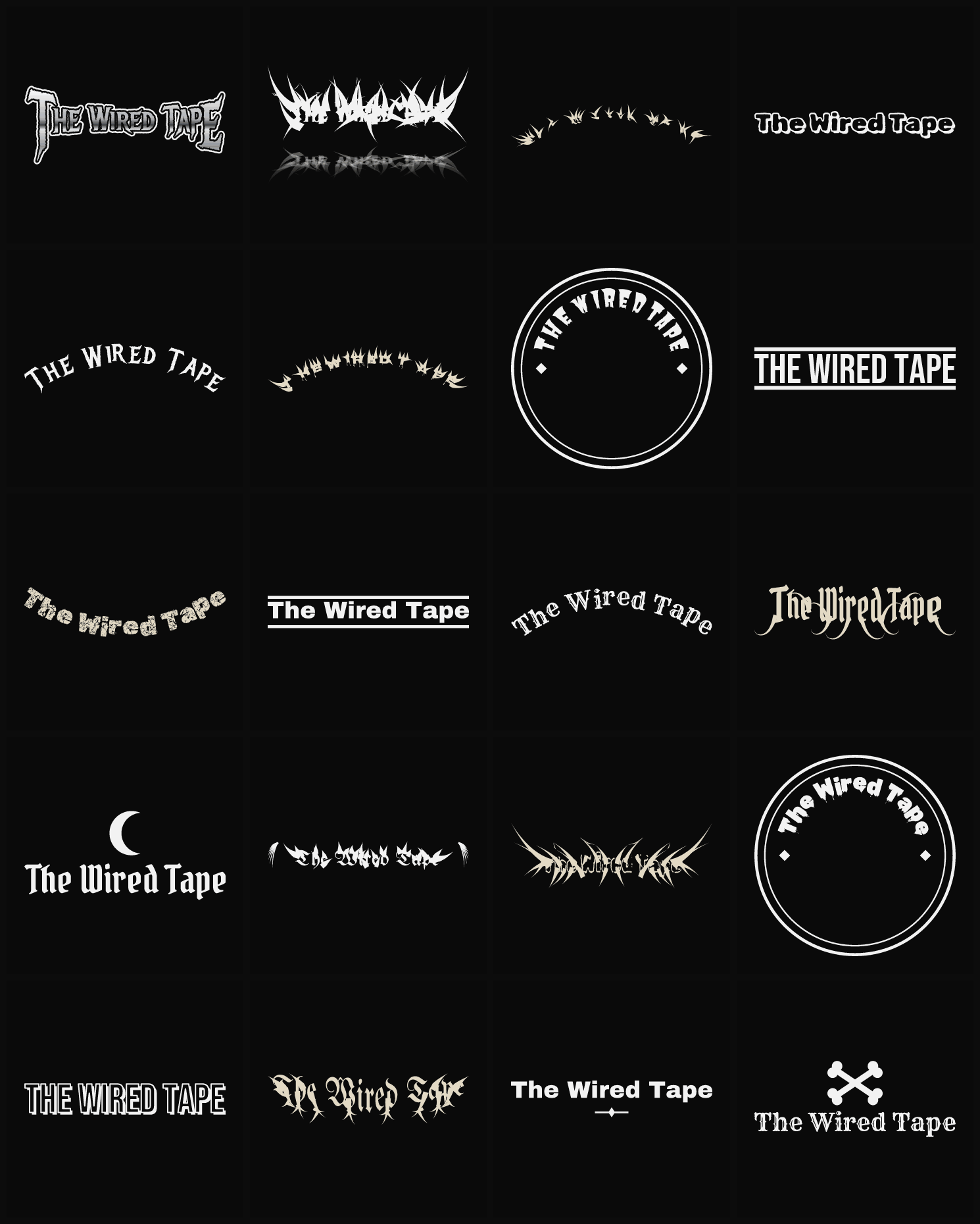 Twenty The Wired Tape band logo ideas — different faces, treatments and spike settings