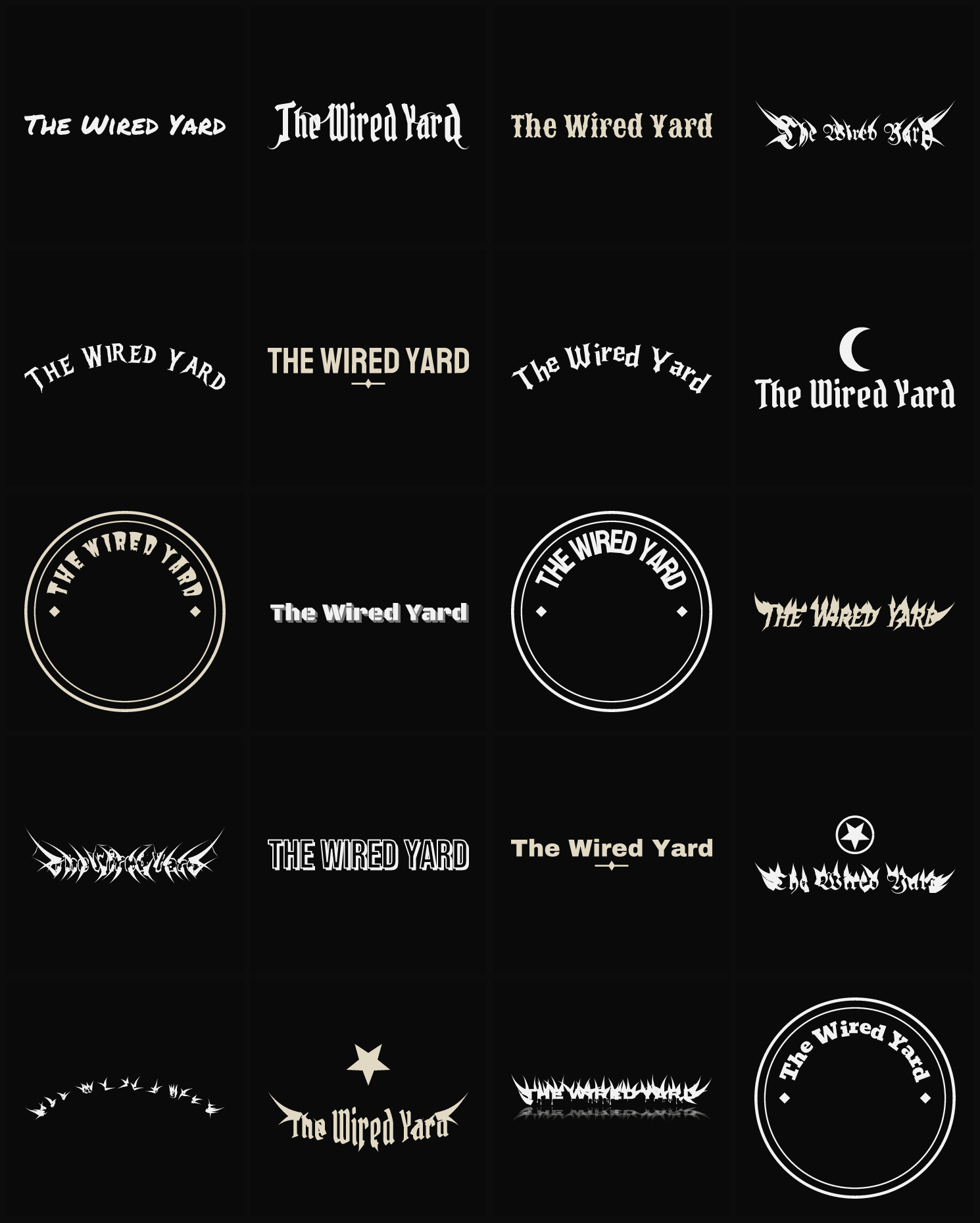Twenty The Wired Yard band logo ideas — different faces, treatments and spike settings