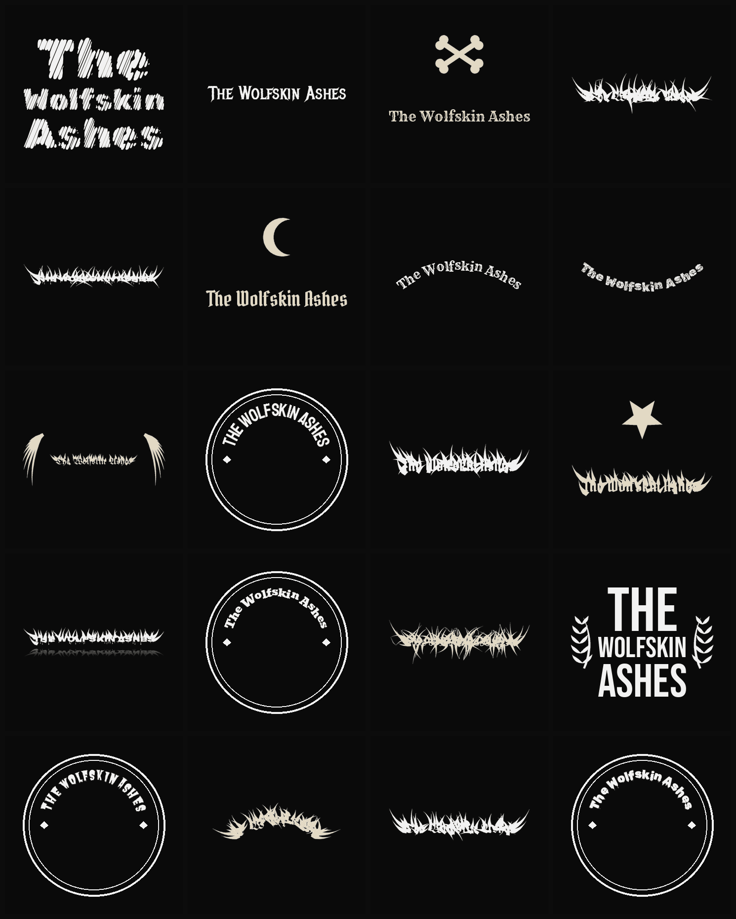 Twenty The Wolfskin Ashes band logo ideas — different faces, treatments and spike settings