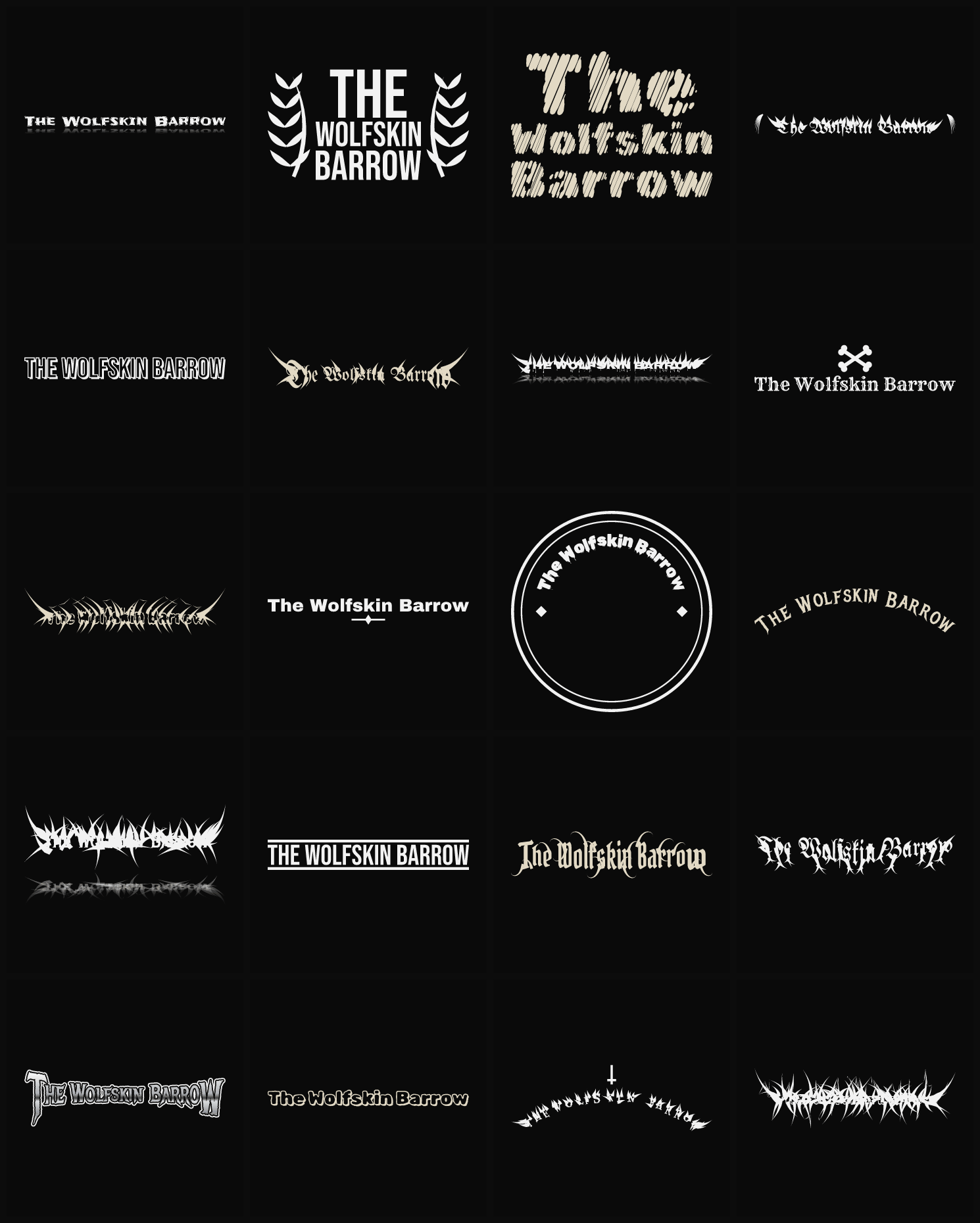 Twenty The Wolfskin Barrow band logo ideas — different faces, treatments and spike settings