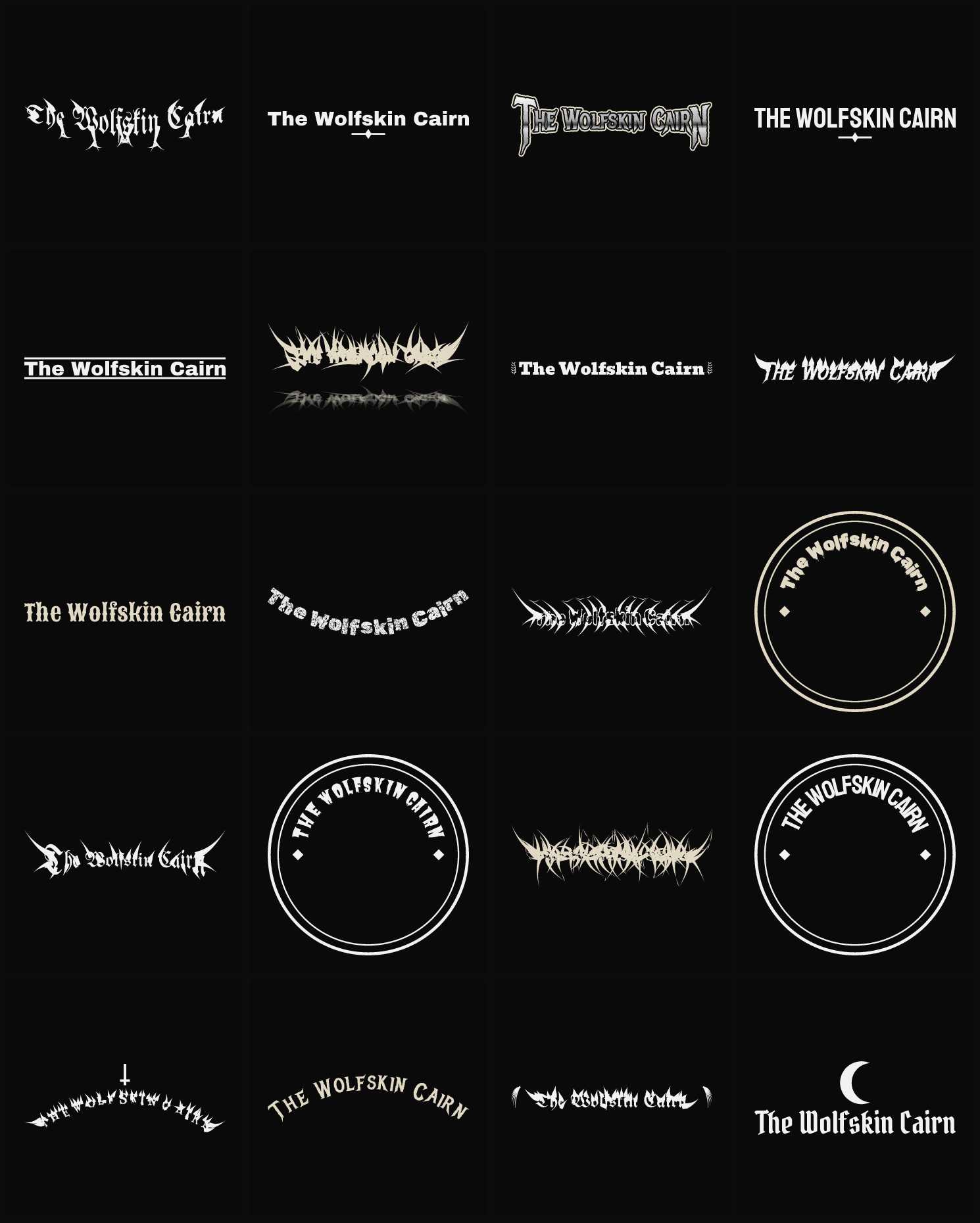 Twenty The Wolfskin Cairn band logo ideas — different faces, treatments and spike settings