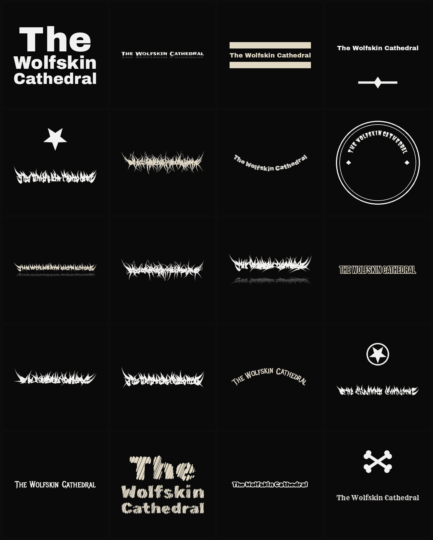 Twenty The Wolfskin Cathedral band logo ideas — different faces, treatments and spike settings