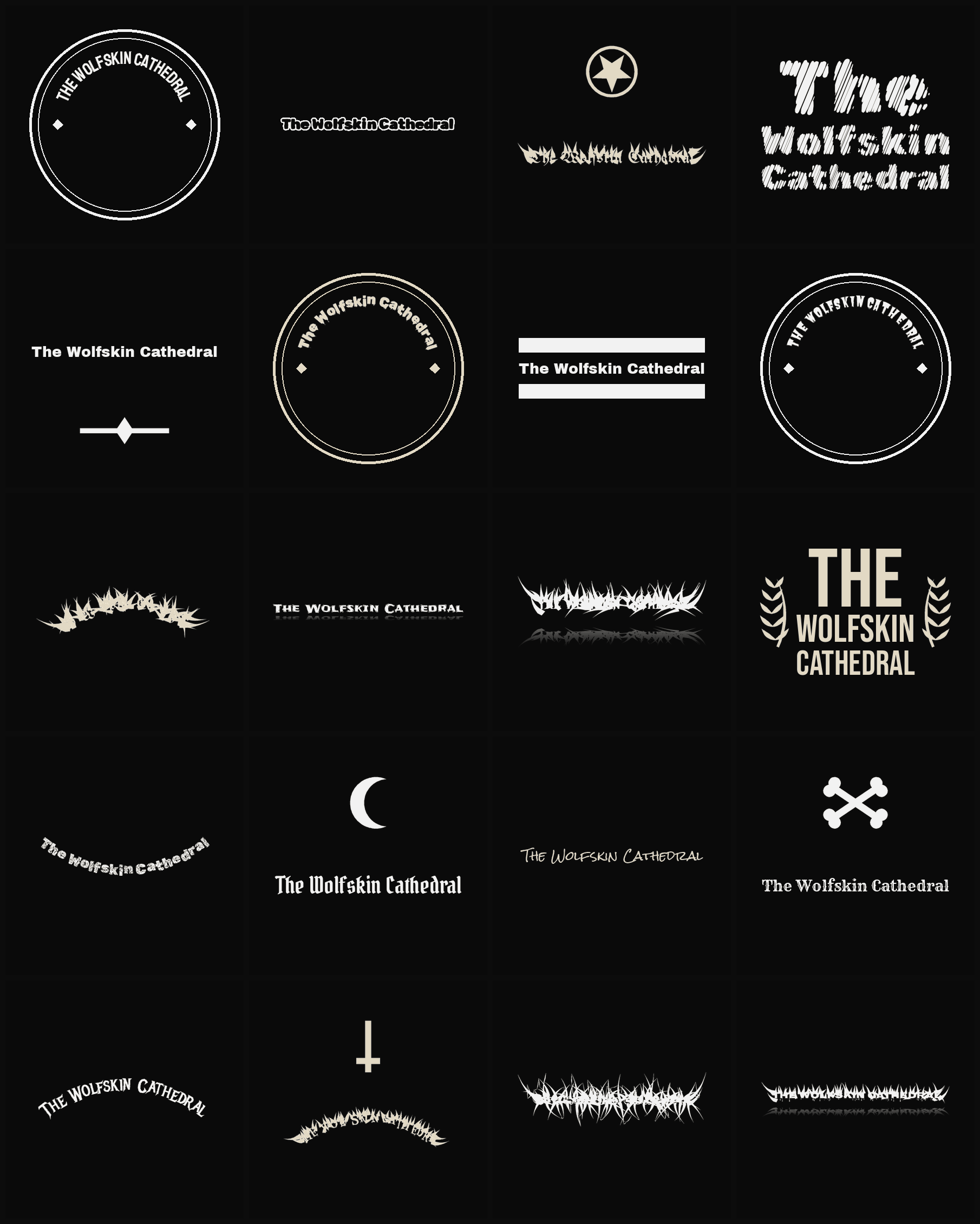 Twenty The Wolfskin Cathedral band logo ideas — different faces, treatments and spike settings