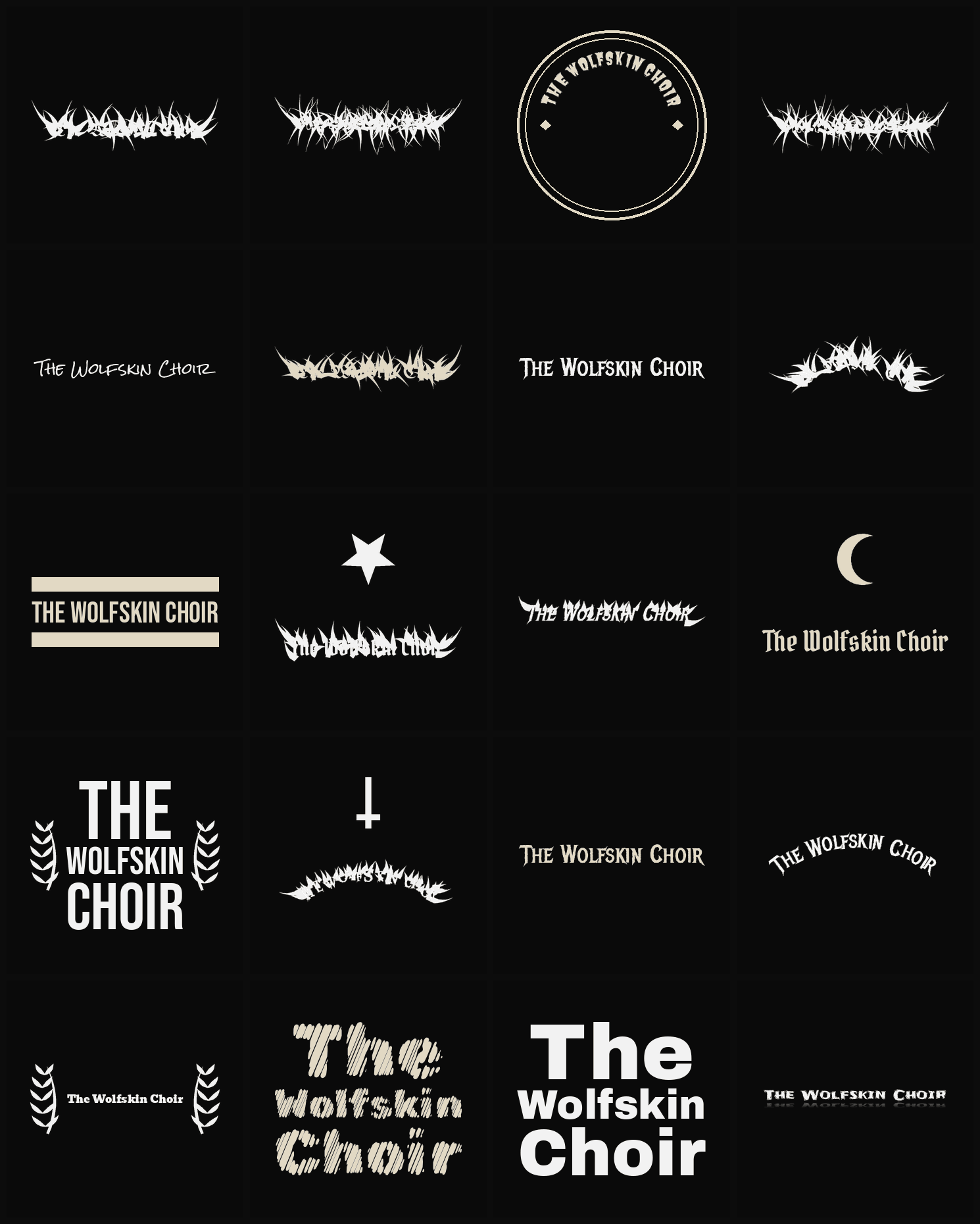 Twenty The Wolfskin Choir band logo ideas — different faces, treatments and spike settings