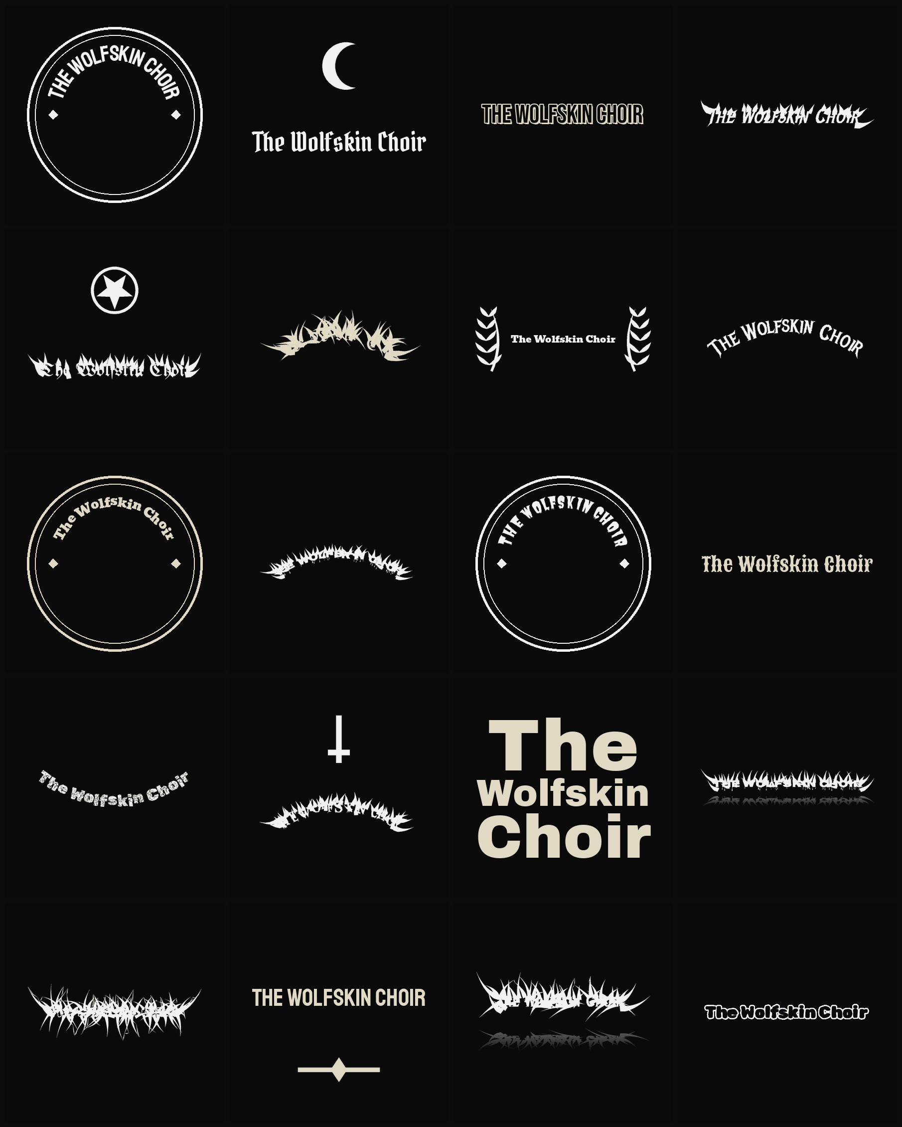 Twenty The Wolfskin Choir band logo ideas — different faces, treatments and spike settings