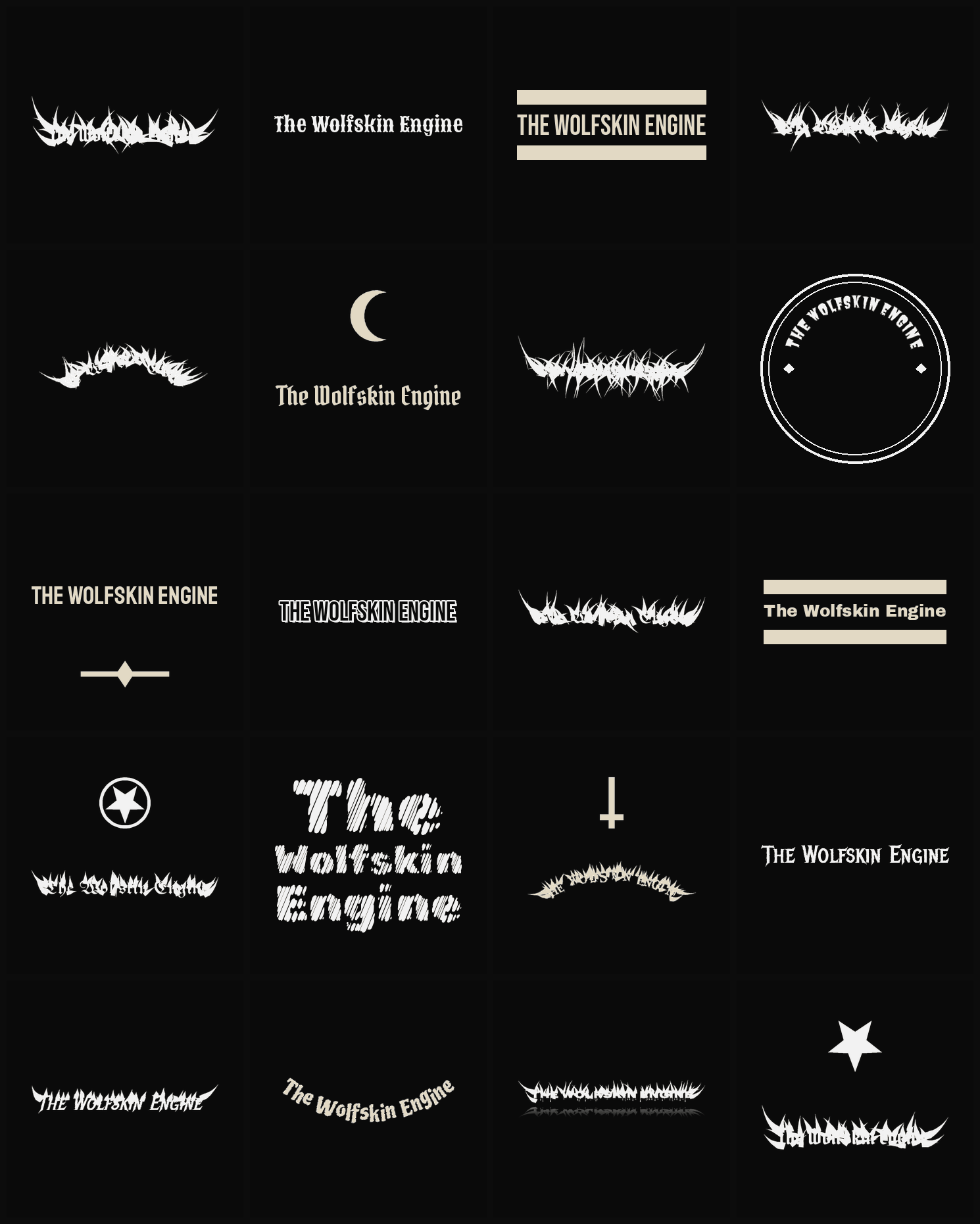 Twenty The Wolfskin Engine band logo ideas — different faces, treatments and spike settings