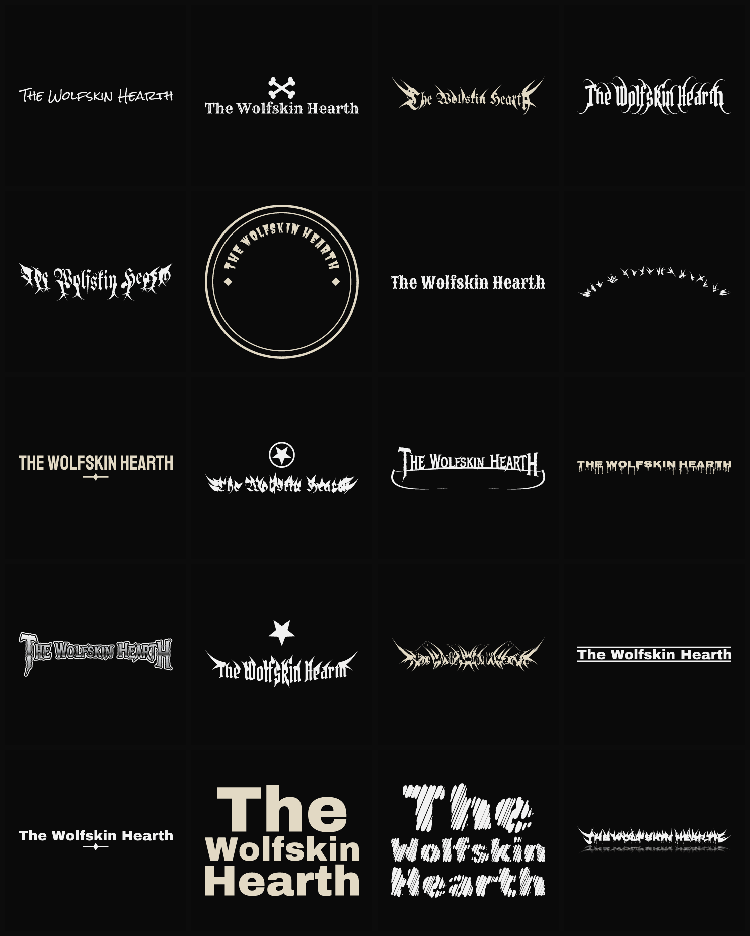 Twenty The Wolfskin Hearth band logo ideas — different faces, treatments and spike settings