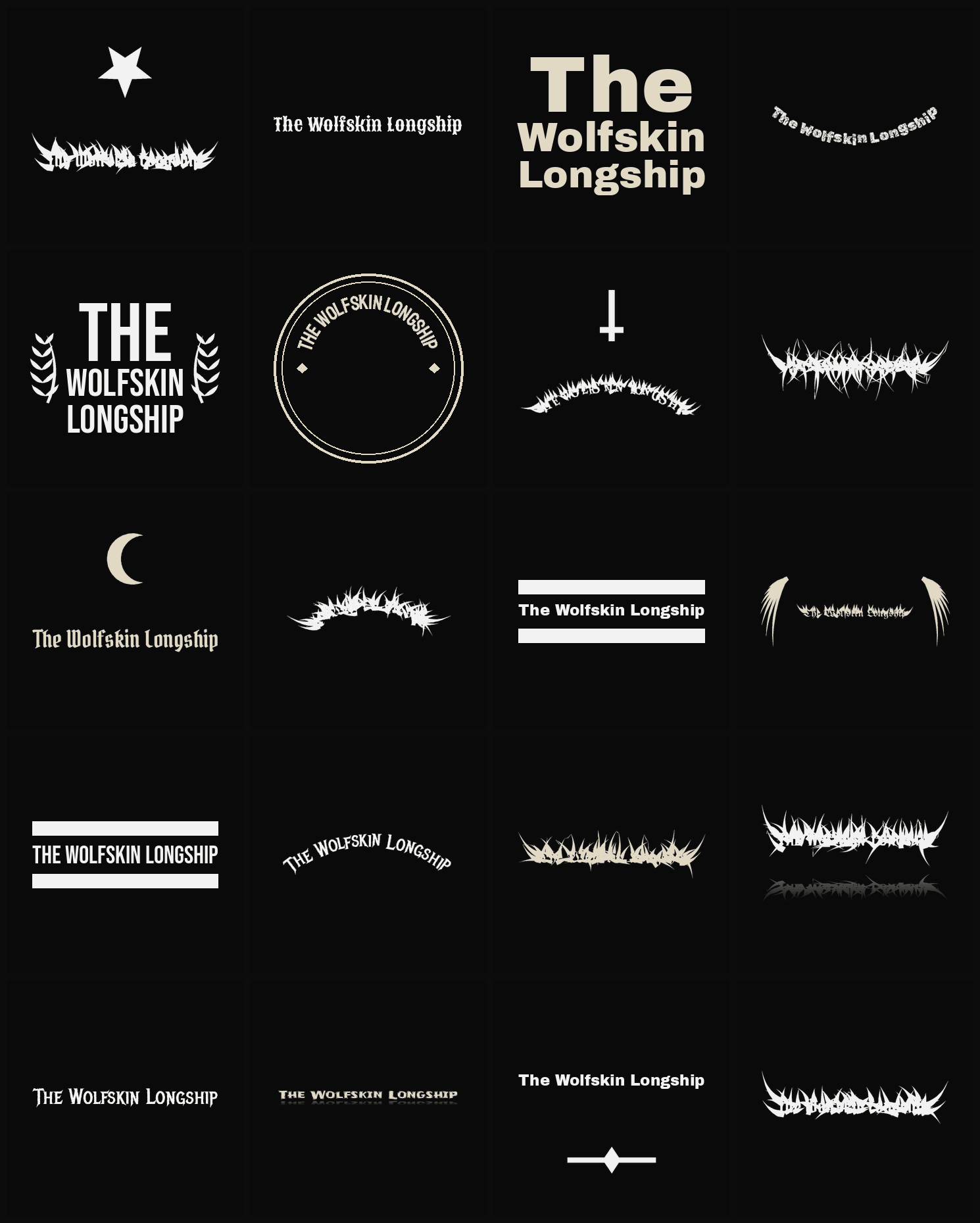 Twenty The Wolfskin Longship band logo ideas — different faces, treatments and spike settings