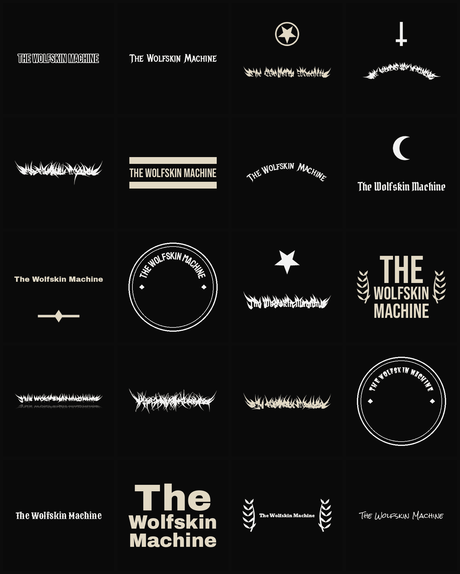 Twenty The Wolfskin Machine band logo ideas — different faces, treatments and spike settings
