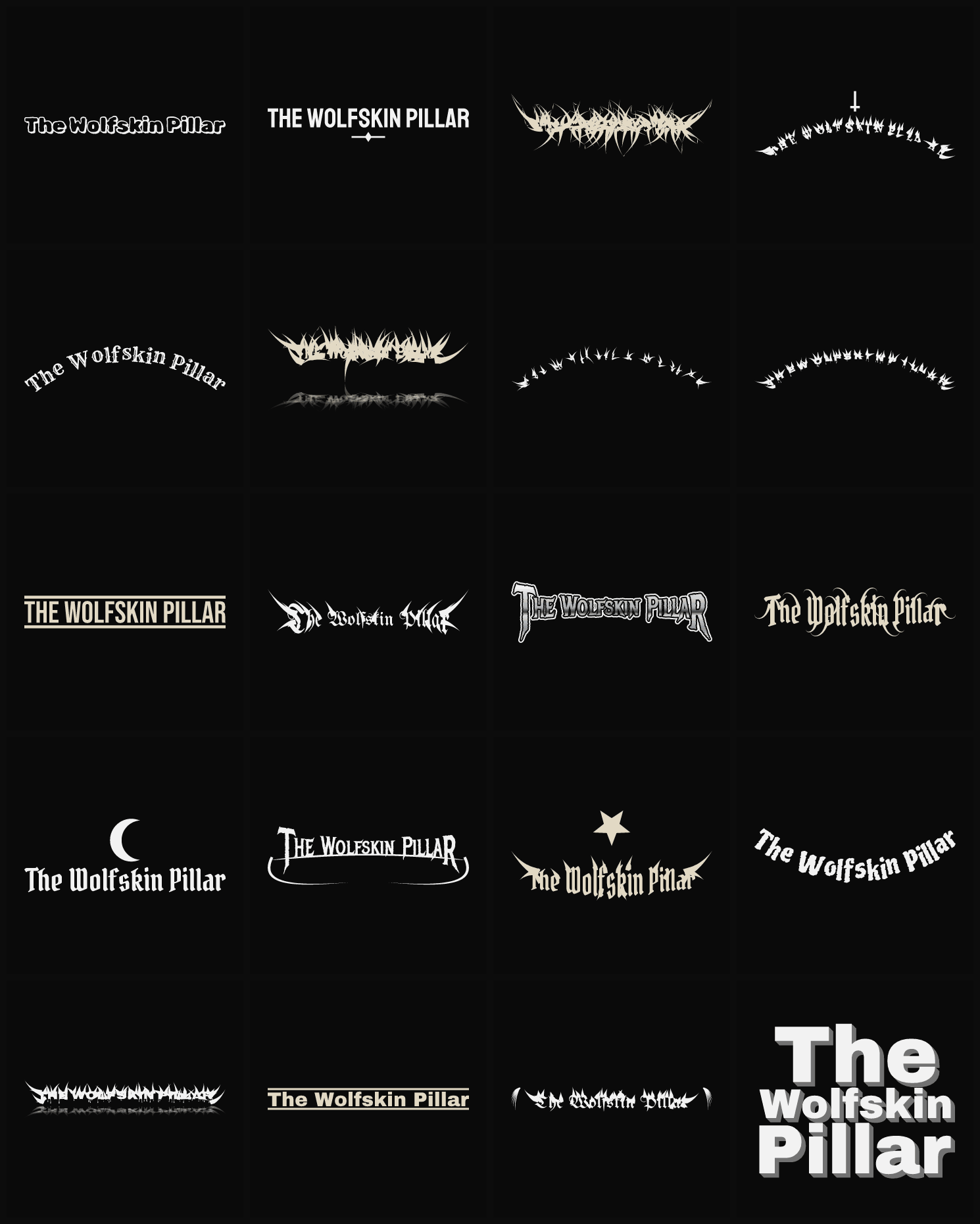 Twenty The Wolfskin Pillar band logo ideas — different faces, treatments and spike settings