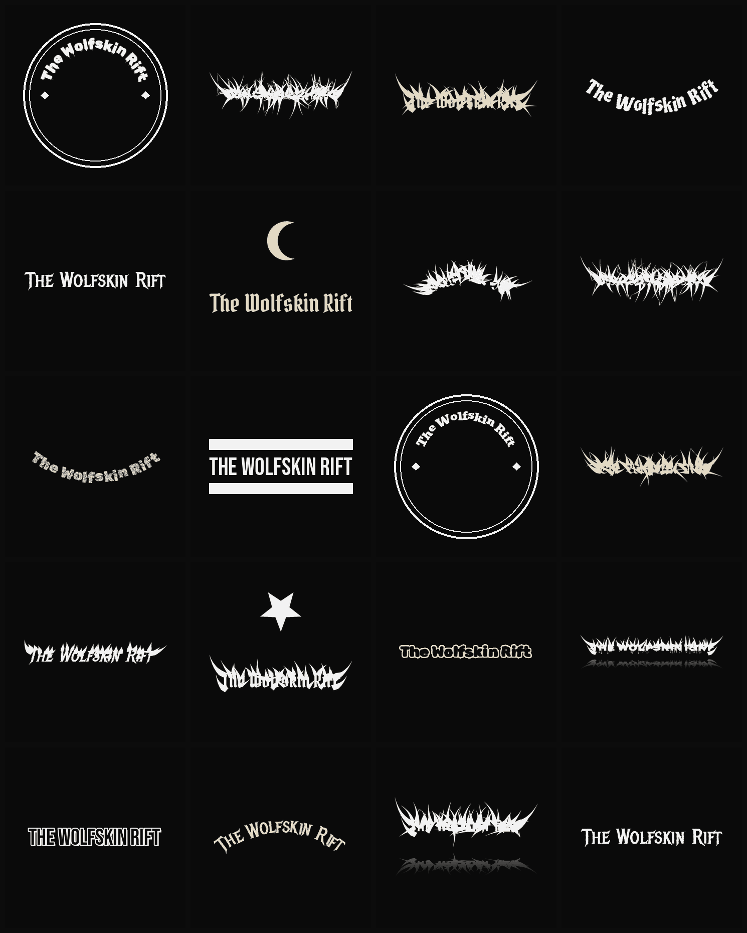 Twenty The Wolfskin Rift band logo ideas — different faces, treatments and spike settings