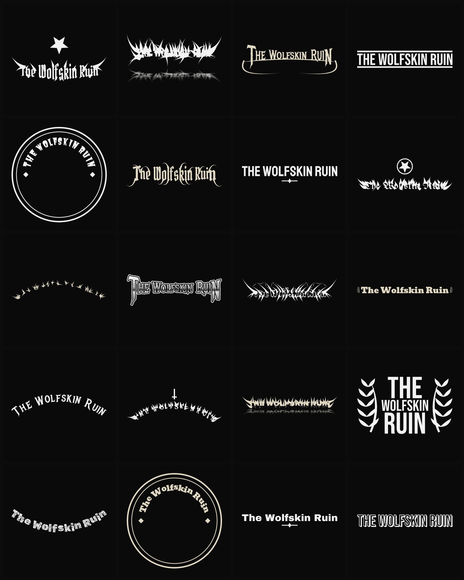 Twenty The Wolfskin Ruin band logo ideas — different faces, treatments and spike settings