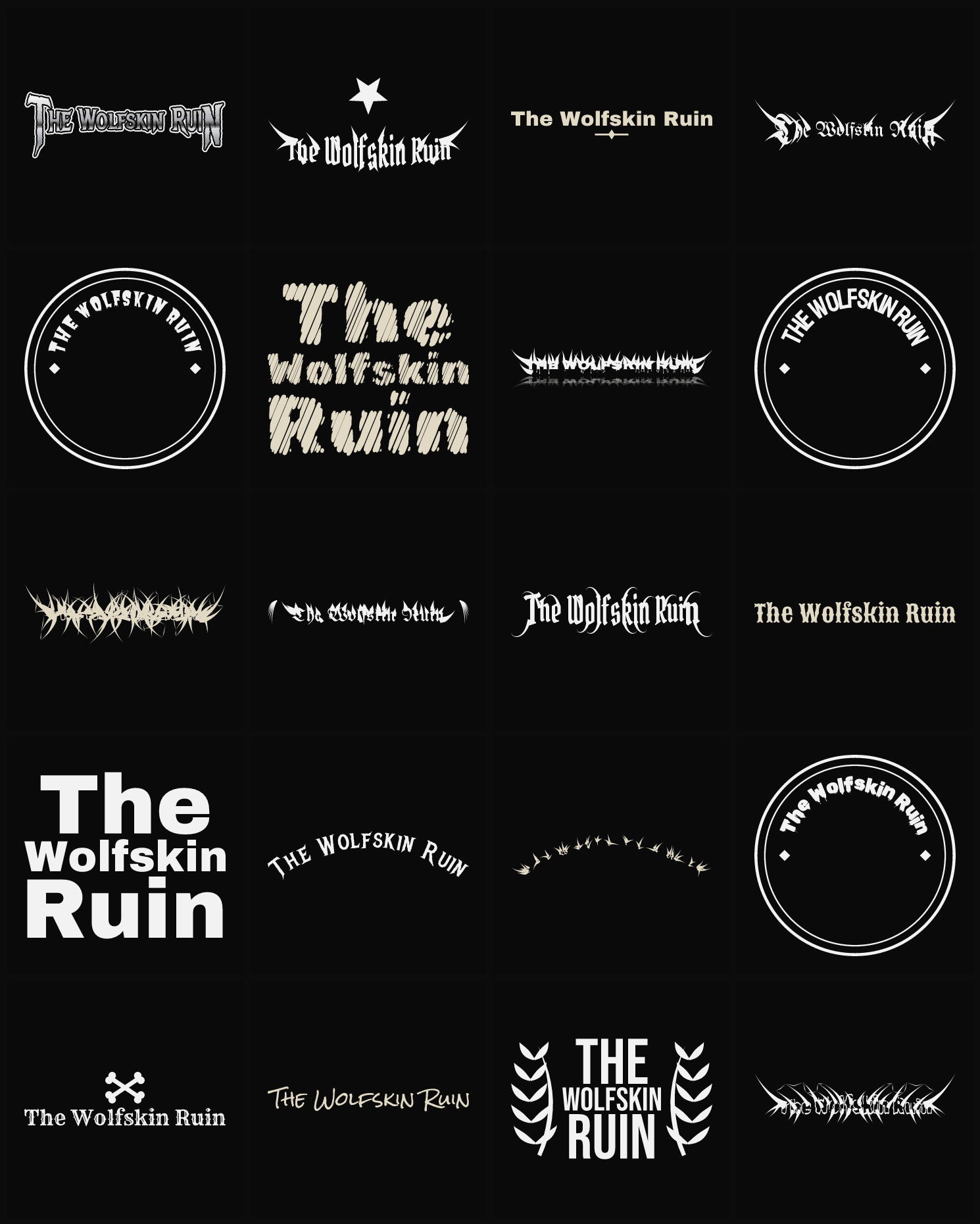 Twenty The Wolfskin Ruin band logo ideas — different faces, treatments and spike settings