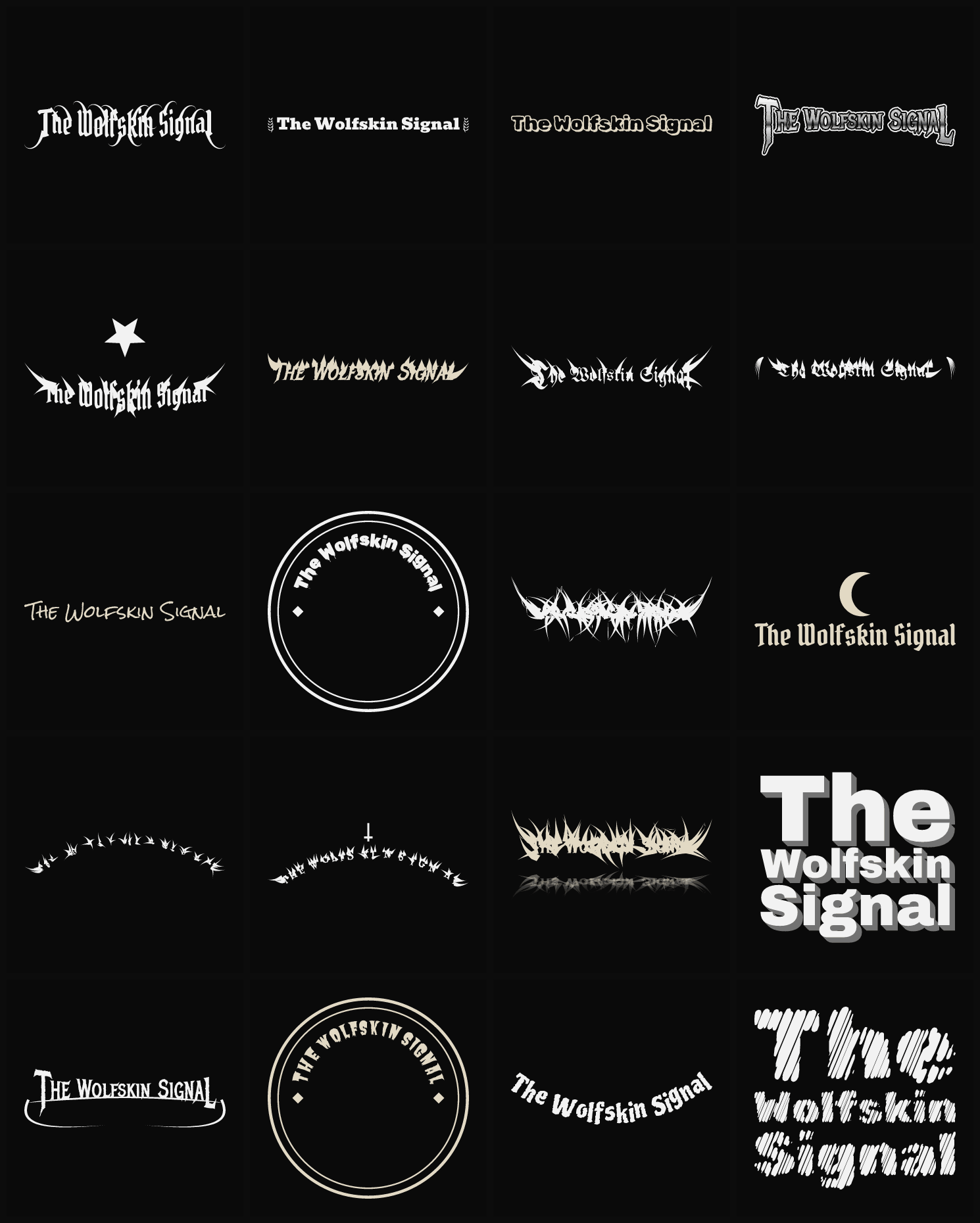 Twenty The Wolfskin Signal band logo ideas — different faces, treatments and spike settings