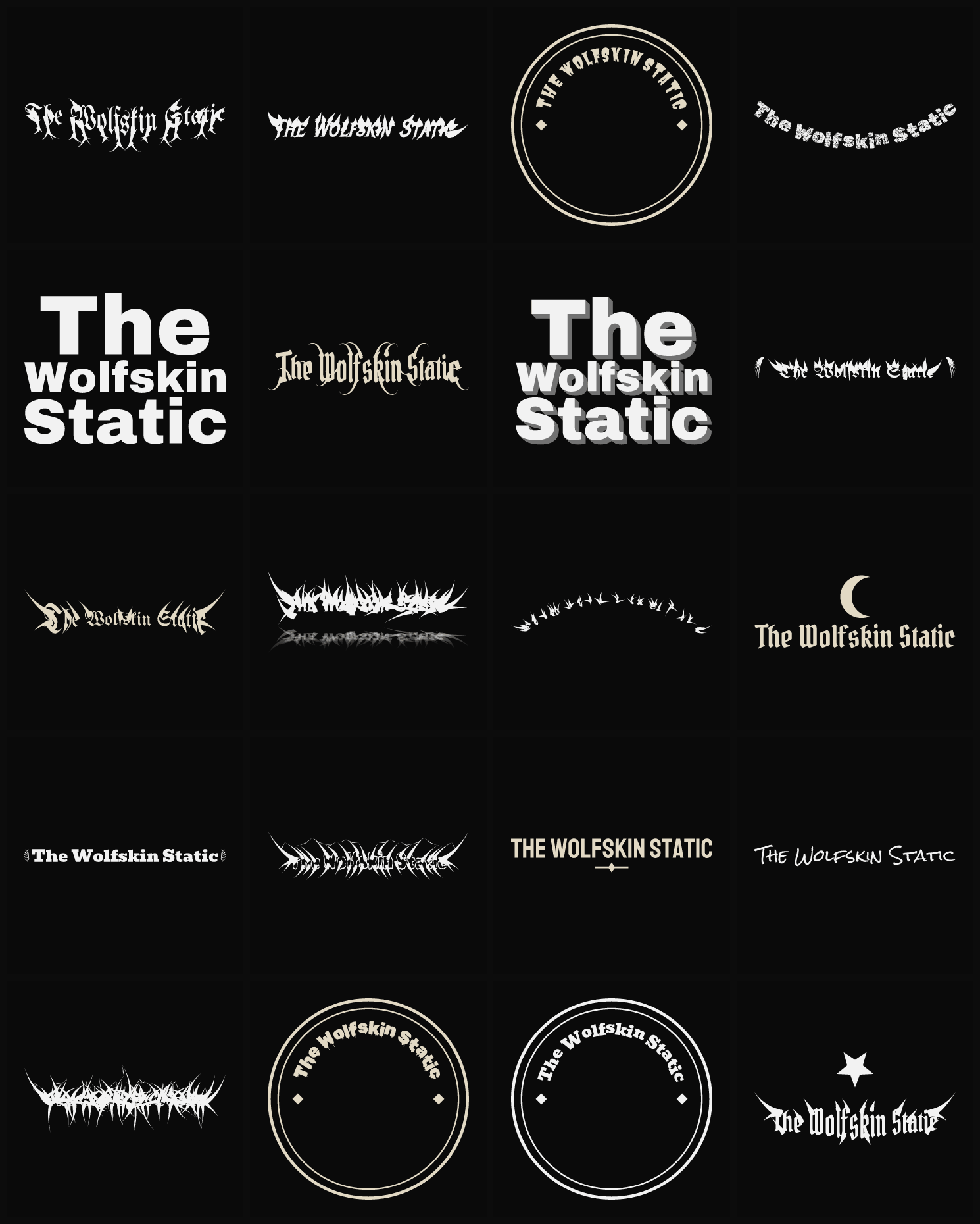 Twenty The Wolfskin Static band logo ideas — different faces, treatments and spike settings