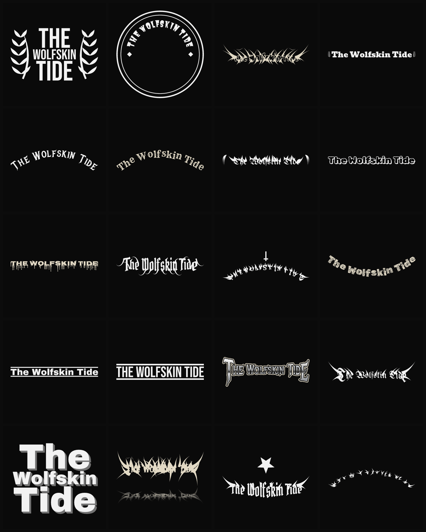 Twenty The Wolfskin Tide band logo ideas — different faces, treatments and spike settings