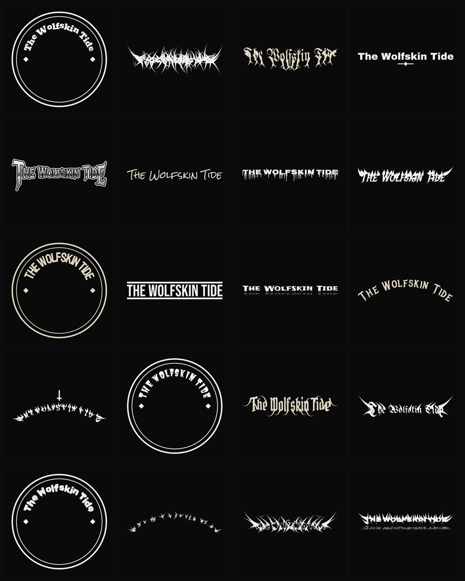 Twenty The Wolfskin Tide band logo ideas — different faces, treatments and spike settings