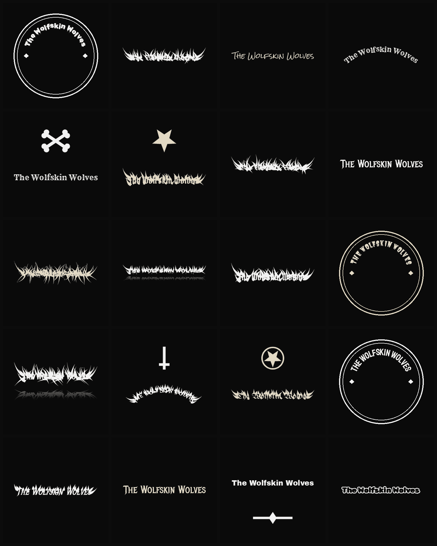 Twenty The Wolfskin Wolves band logo ideas — different faces, treatments and spike settings