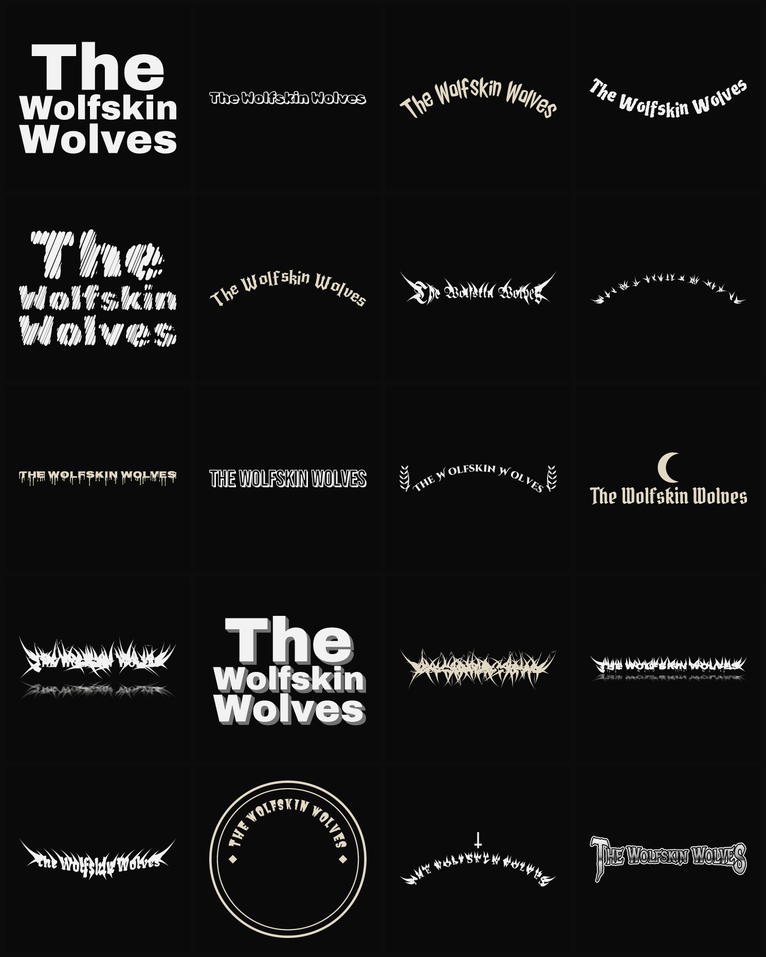 Twenty The Wolfskin Wolves band logo ideas — different faces, treatments and spike settings
