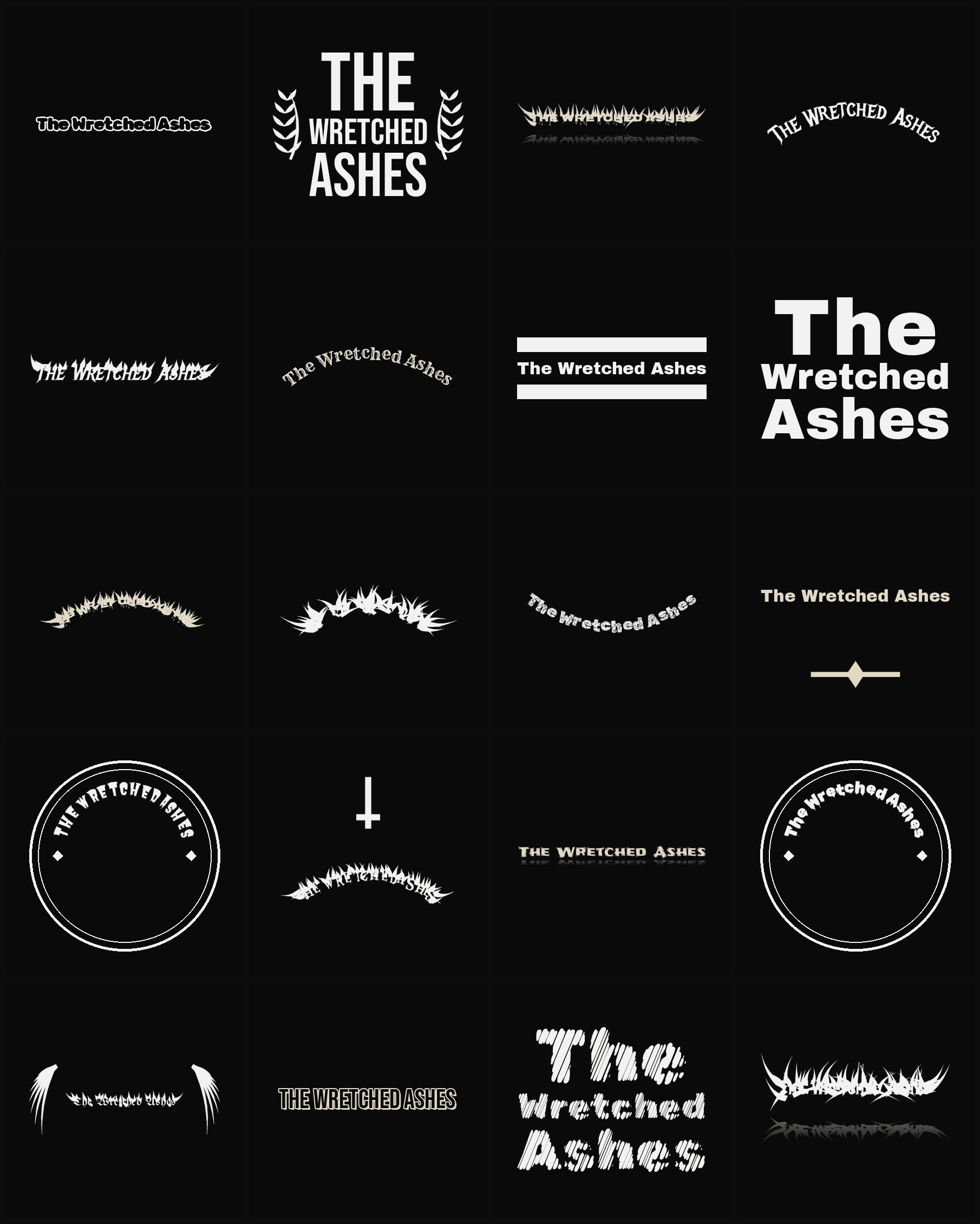 Twenty The Wretched Ashes band logo ideas — different faces, treatments and spike settings