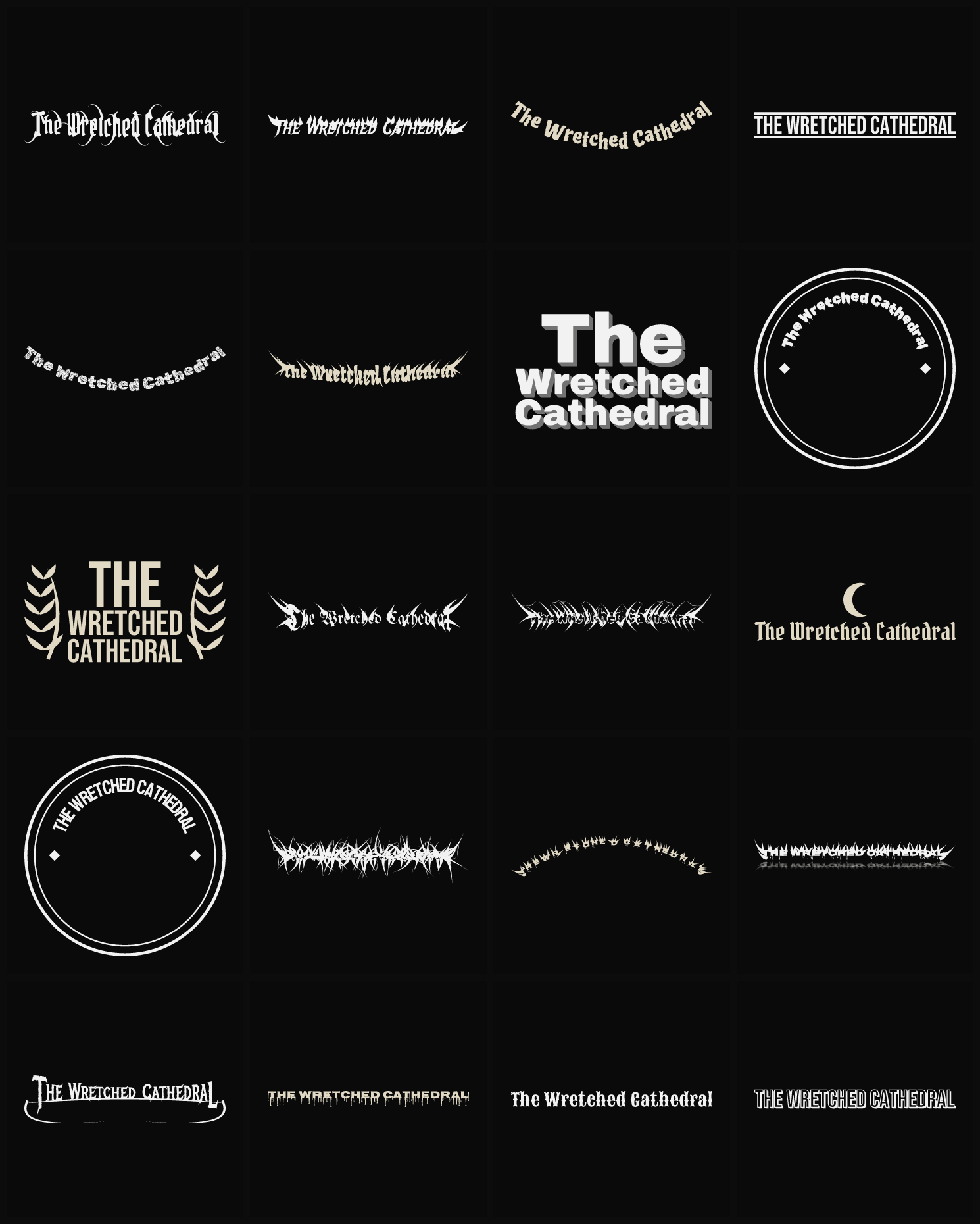 Twenty The Wretched Cathedral band logo ideas — different faces, treatments and spike settings