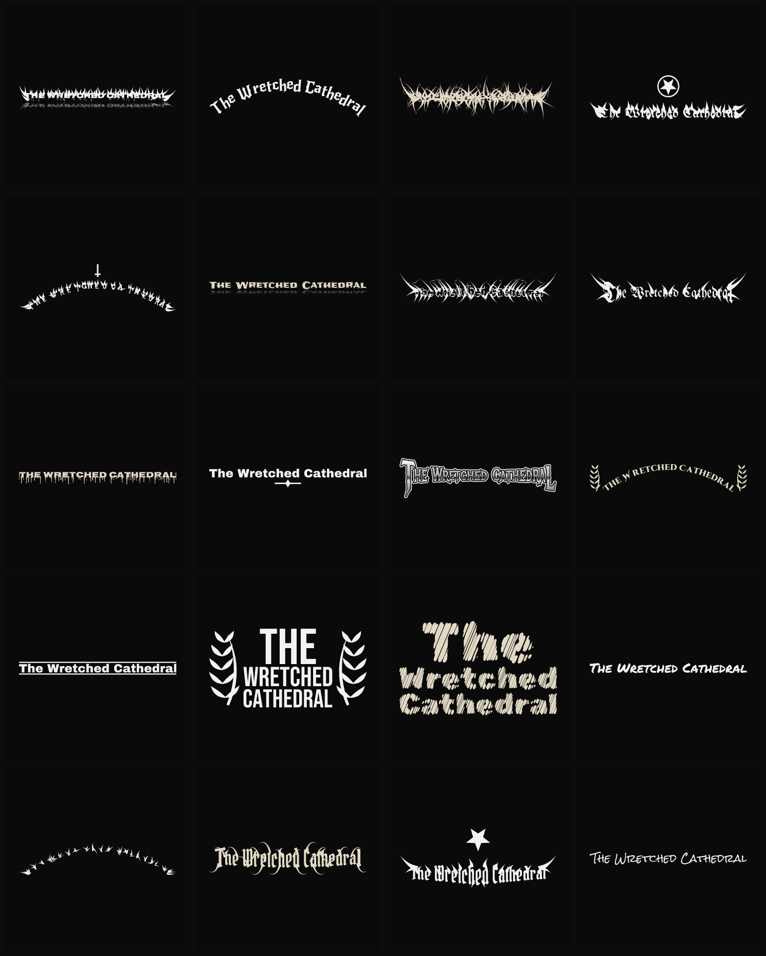 Twenty The Wretched Cathedral band logo ideas — different faces, treatments and spike settings