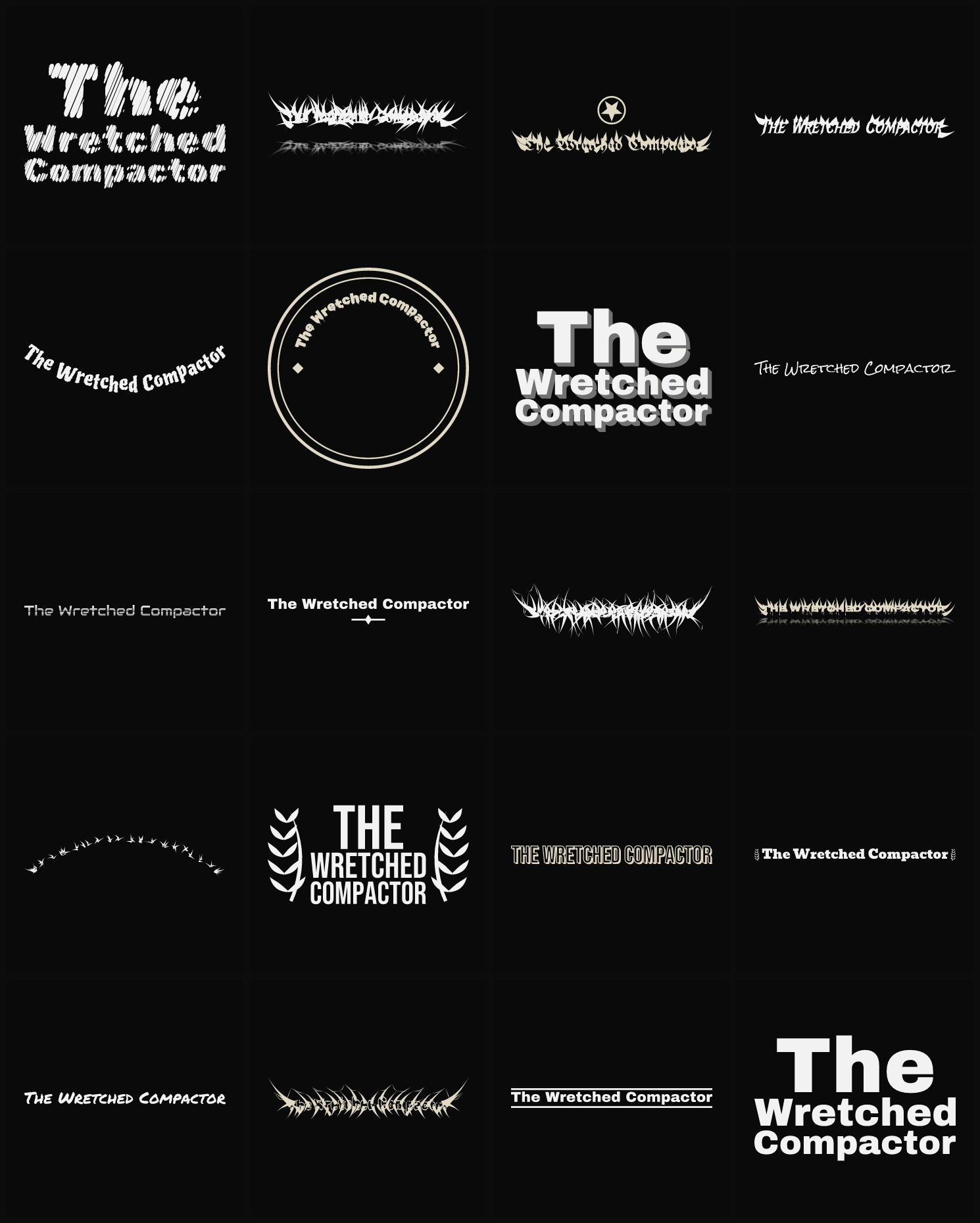 Twenty The Wretched Compactor band logo ideas — different faces, treatments and spike settings