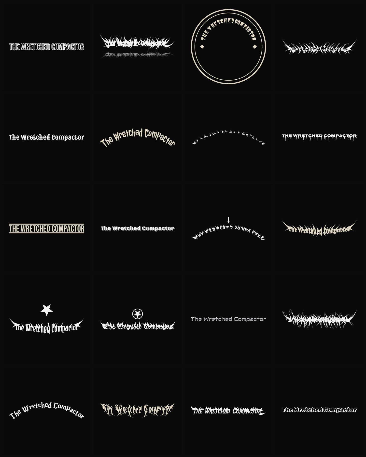 Twenty The Wretched Compactor band logo ideas — different faces, treatments and spike settings