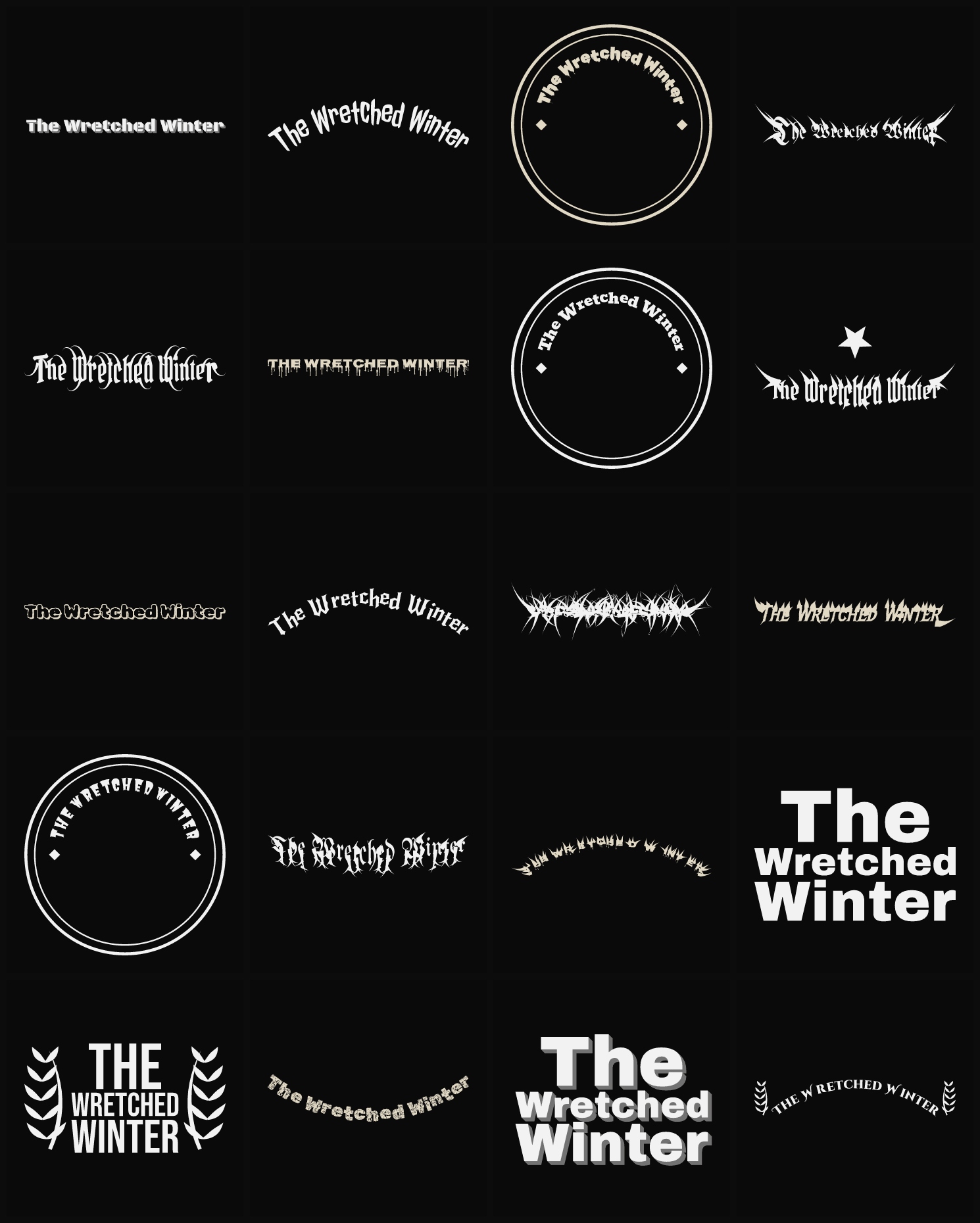 Twenty The Wretched Winter band logo ideas — different faces, treatments and spike settings