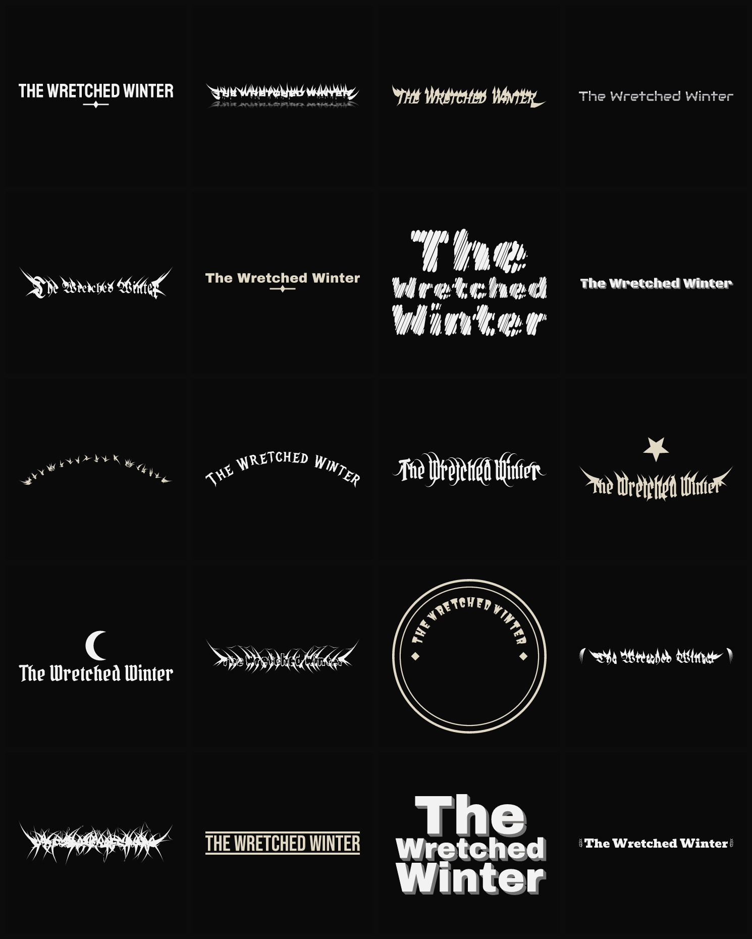 Twenty The Wretched Winter band logo ideas — different faces, treatments and spike settings