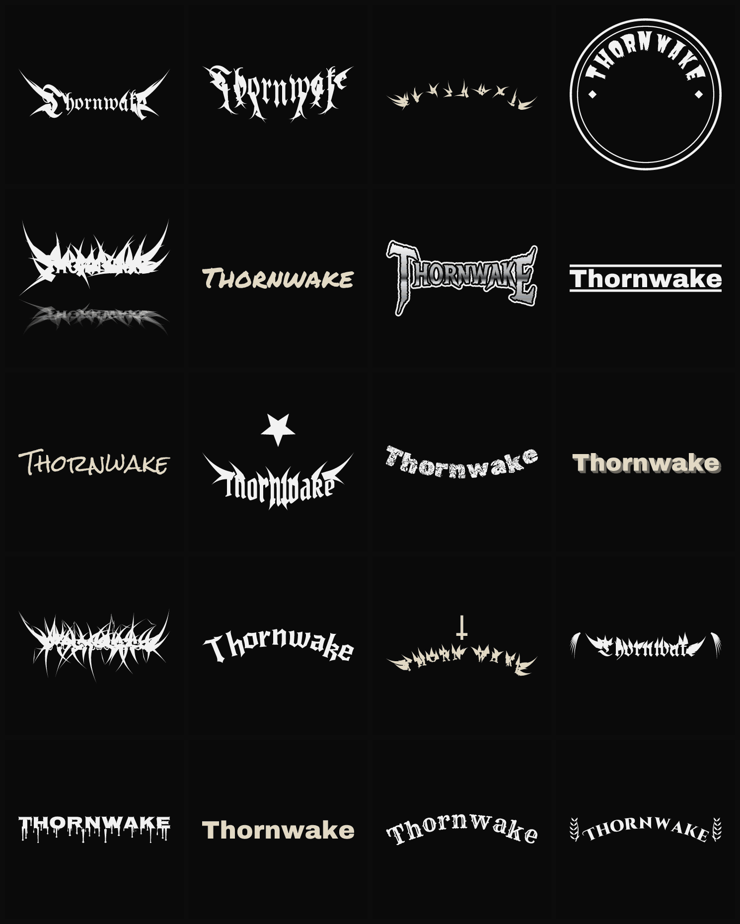 Twenty Thornwake band logo ideas — different faces, treatments and spike settings
