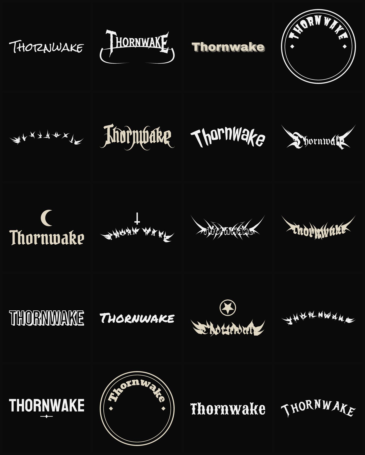 Twenty Thornwake band logo ideas — different faces, treatments and spike settings