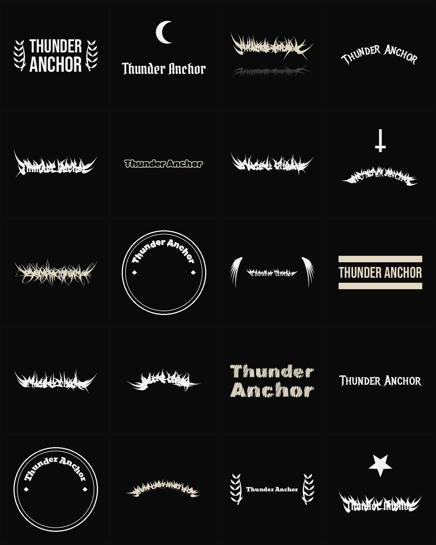 Twenty Thunder Anchor band logo ideas — different faces, treatments and spike settings