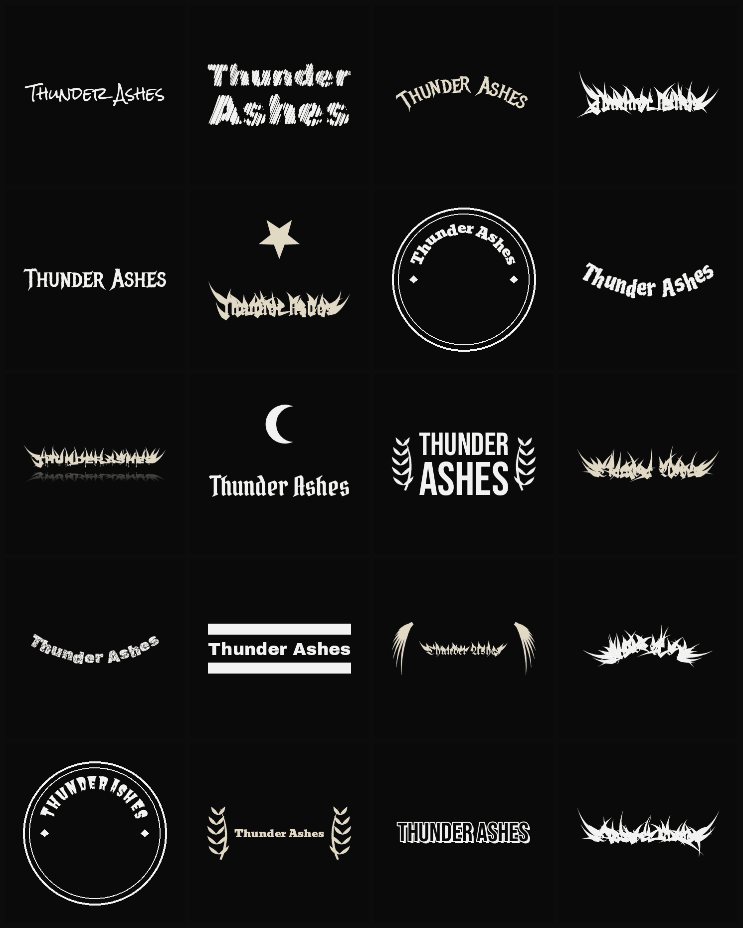 Twenty Thunder Ashes band logo ideas — different faces, treatments and spike settings
