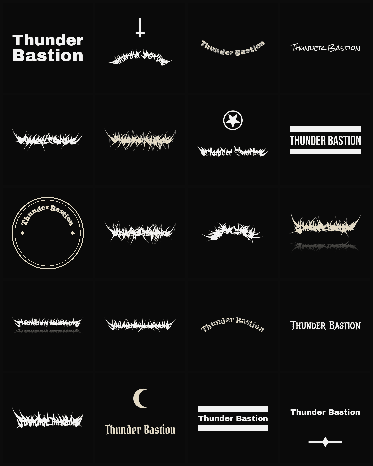 Twenty Thunder Bastion band logo ideas — different faces, treatments and spike settings