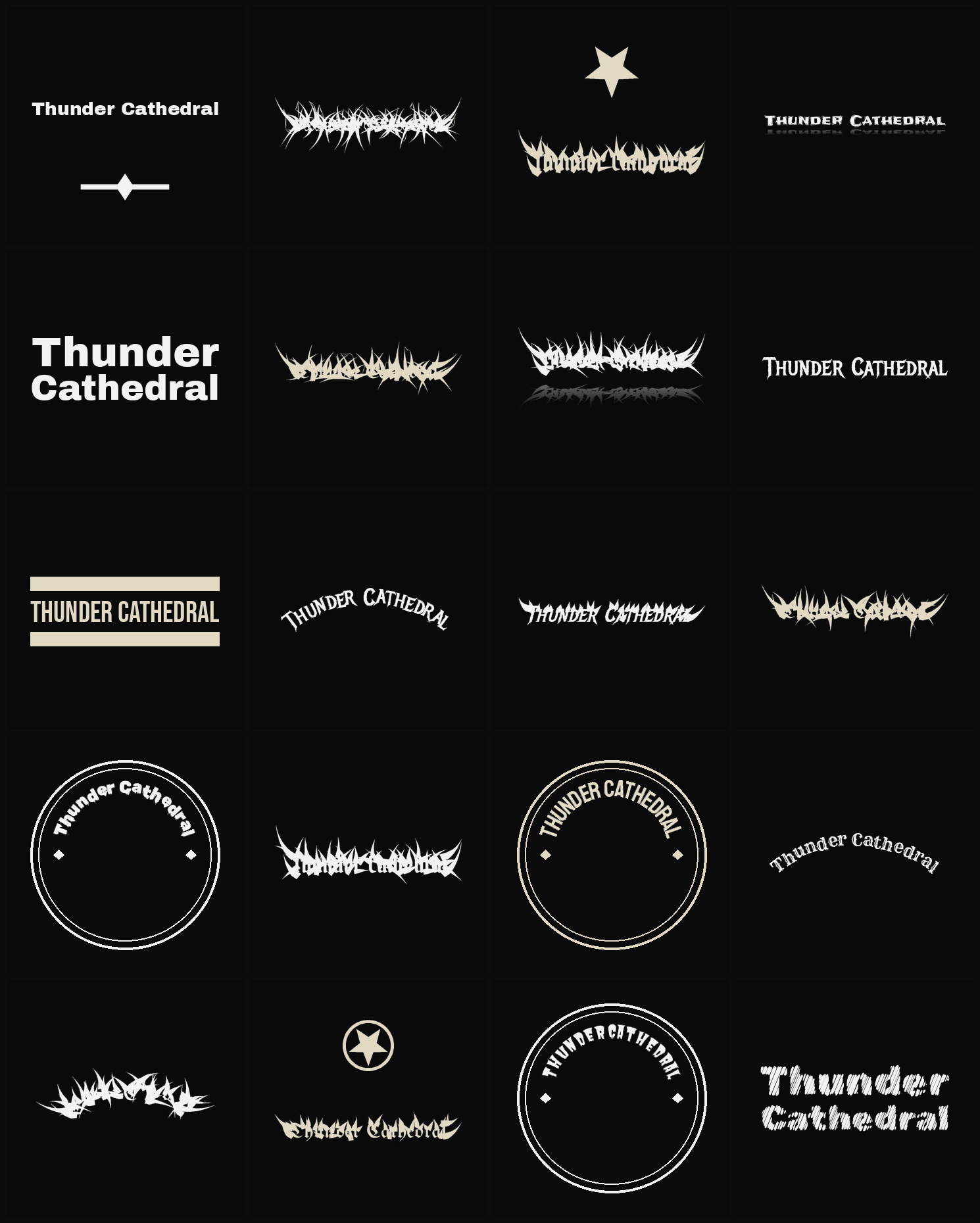 Twenty Thunder Cathedral band logo ideas — different faces, treatments and spike settings