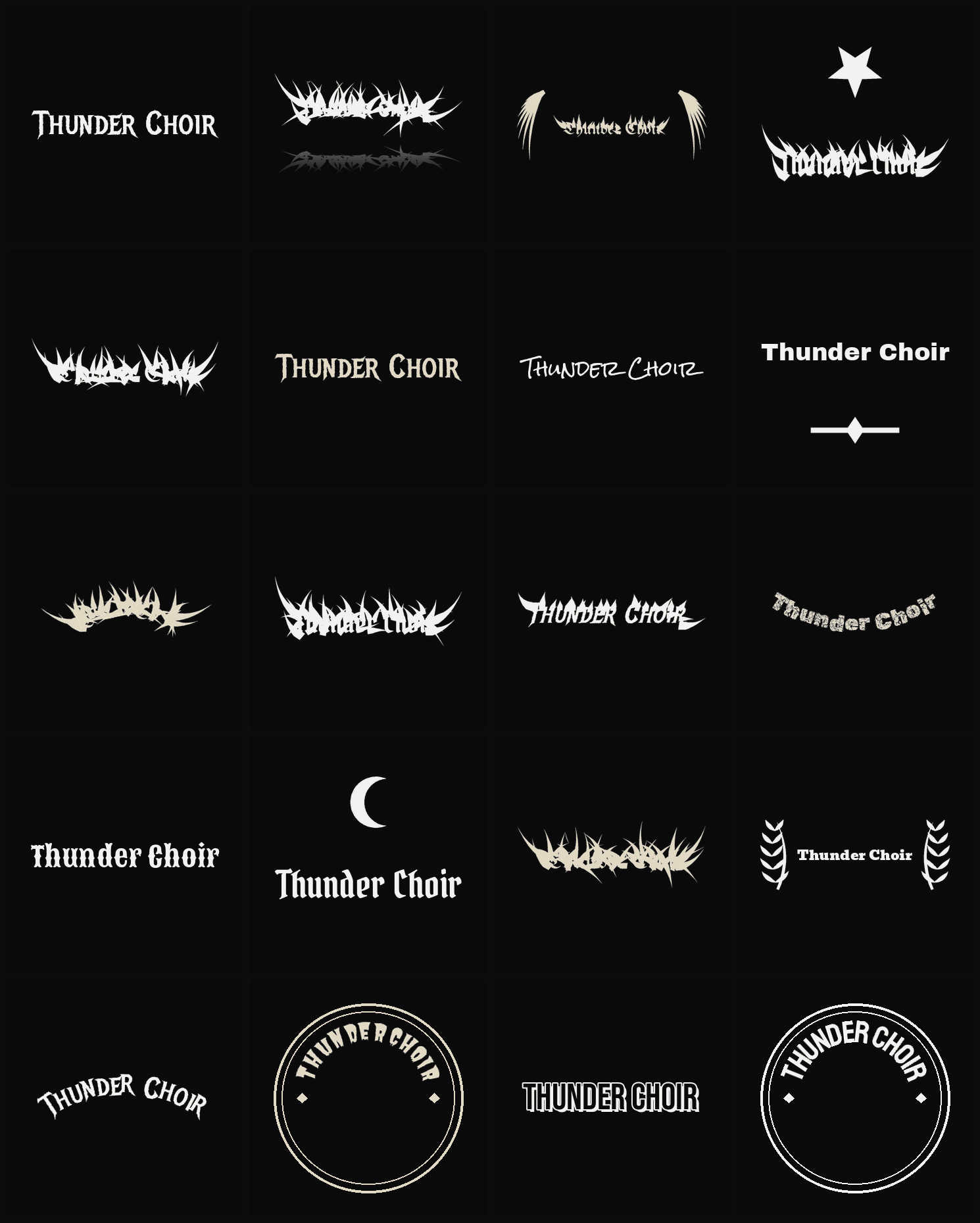Twenty Thunder Choir band logo ideas — different faces, treatments and spike settings