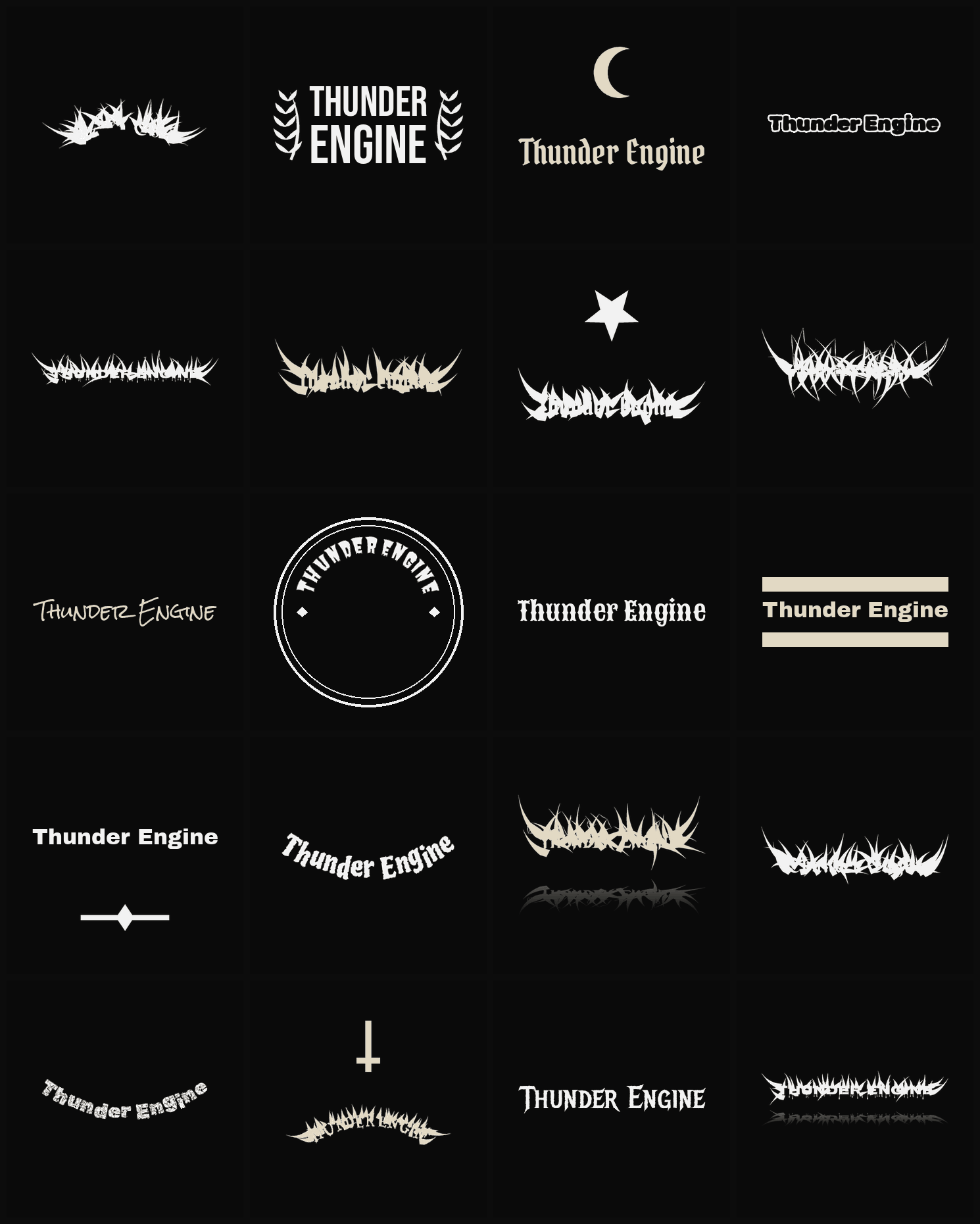 Twenty Thunder Engine band logo ideas — different faces, treatments and spike settings
