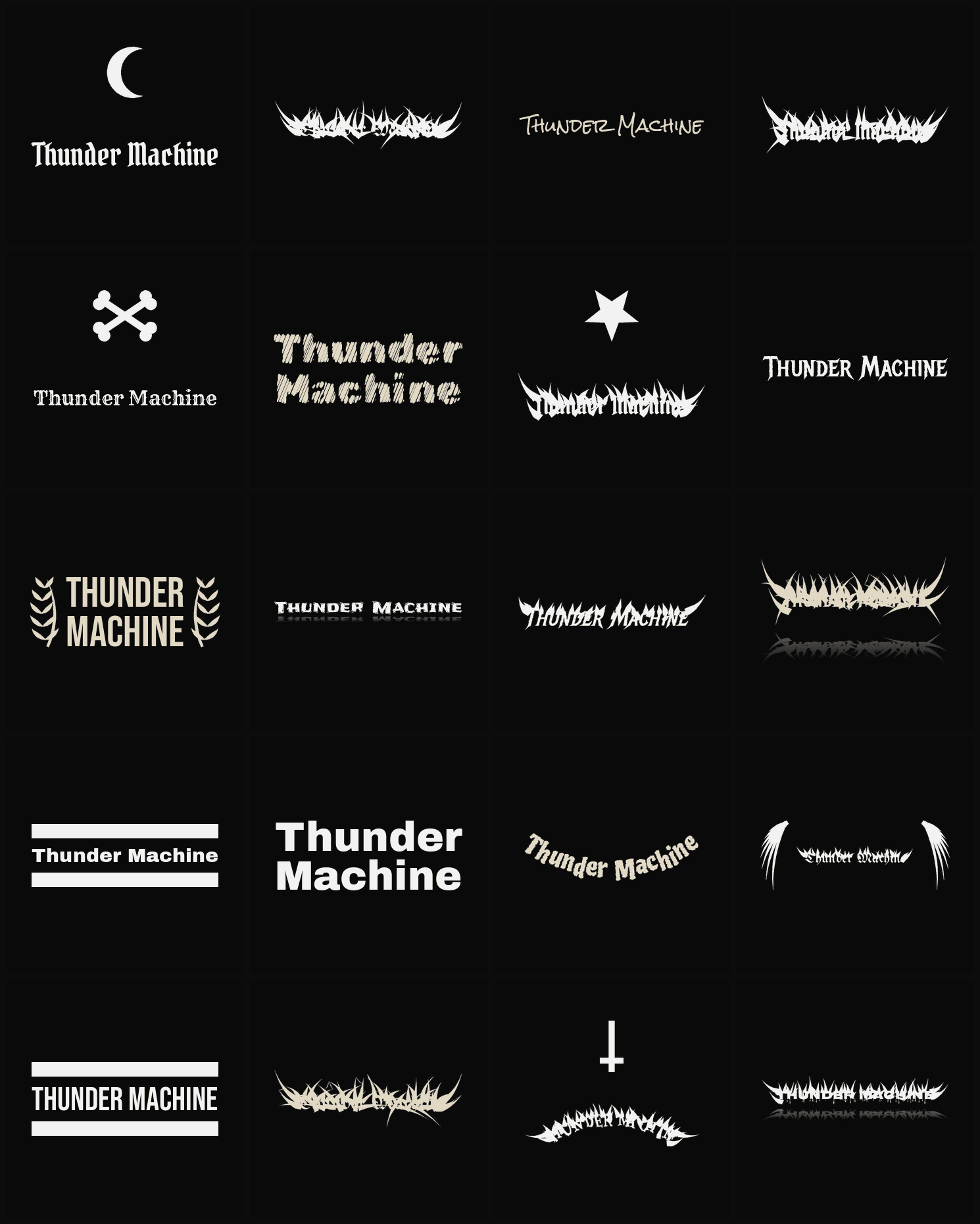 Twenty Thunder Machine band logo ideas — different faces, treatments and spike settings