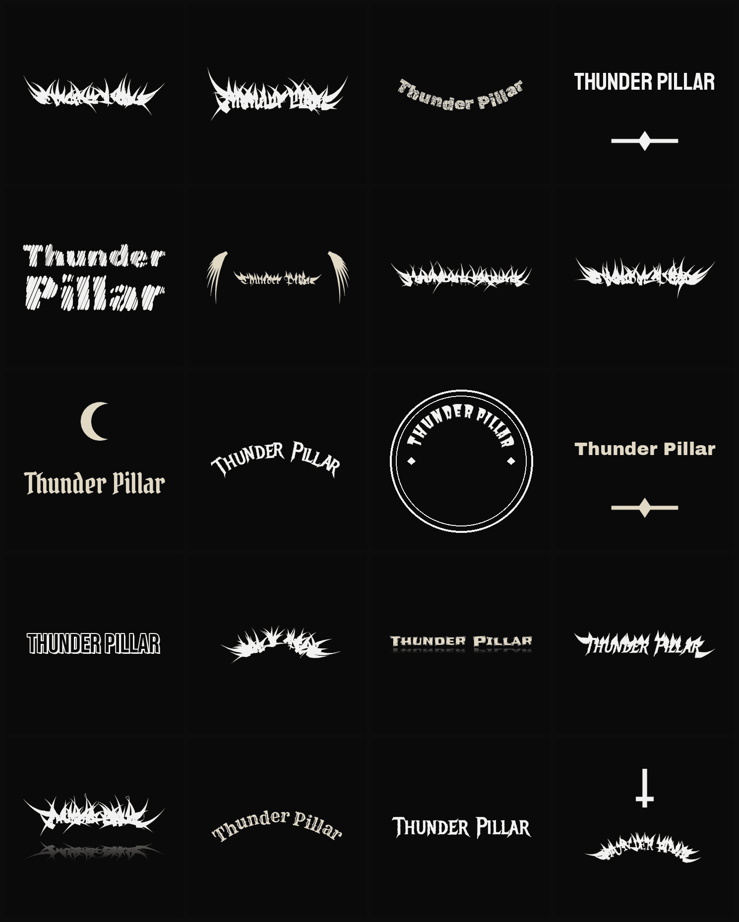 Twenty Thunder Pillar band logo ideas — different faces, treatments and spike settings