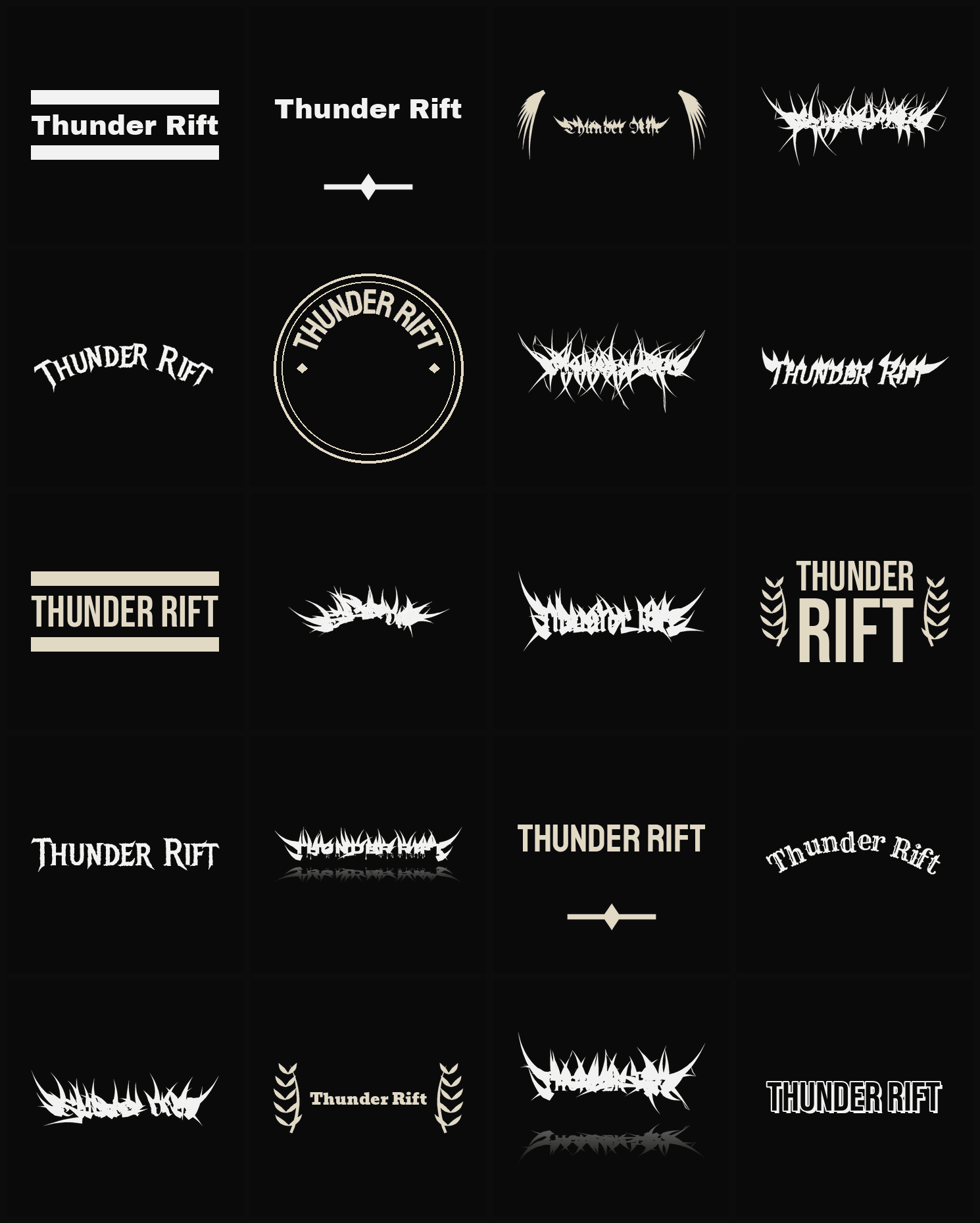 Twenty Thunder Rift band logo ideas — different faces, treatments and spike settings
